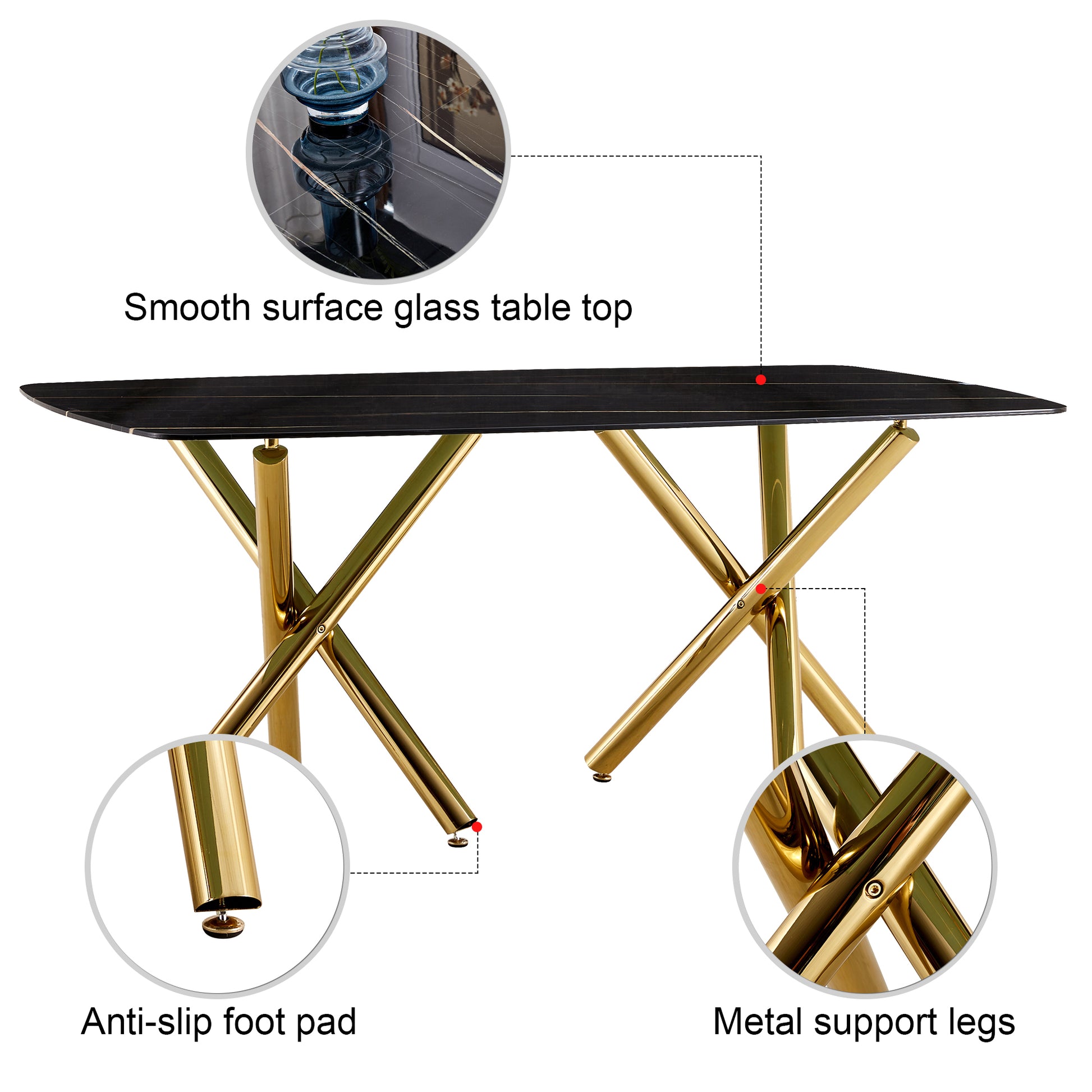 Large Modern Minimalist Rectangular Dining Table With 0.39 "Imitation Marble Black Desktop And Gold Metal Legs, Paired With 8 Chairs With Pu Cushions And Black Metal Legs.F 1538 C 007 Black Gold Glass Metal