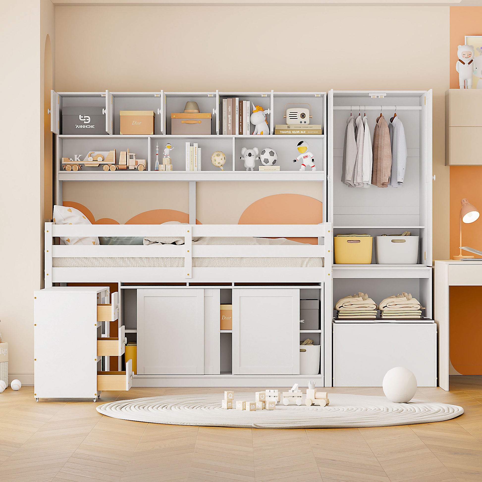 Twin Size Wooden Loft Bed Big Storage With Under Bed Desk, With Drawers, With Shelves, White Twin White Plywood