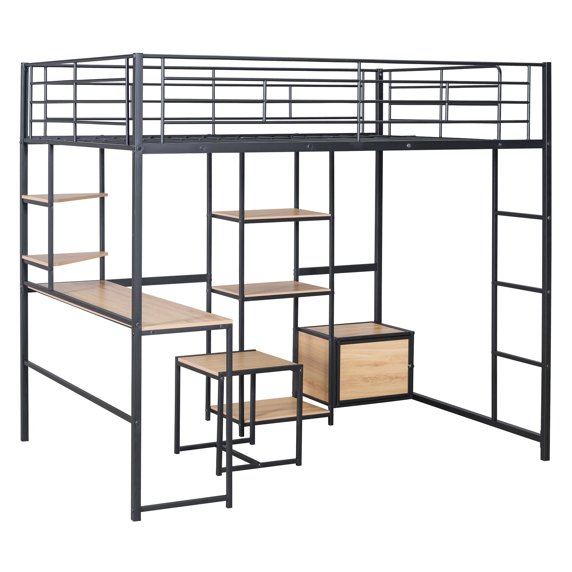 Full Size Loft Bed With Desk And Stool, Metal Loft Bed With Open Style Wardrobe, Shelves And Cabinet, Black Full Black Metal & Wood