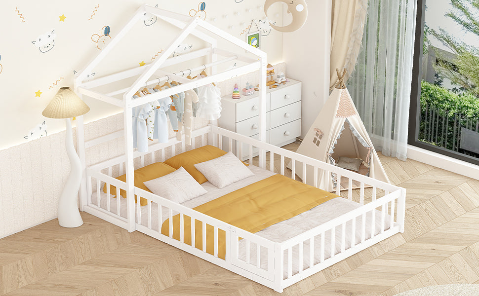 Wooden Floor Bed With Fence Railings And Detachable House Shape Headboard, Full Size Bed With Kids Dress Up Rack, Kids Montessori Style Playhouse Frame For Girls Boys, White Full White Wood