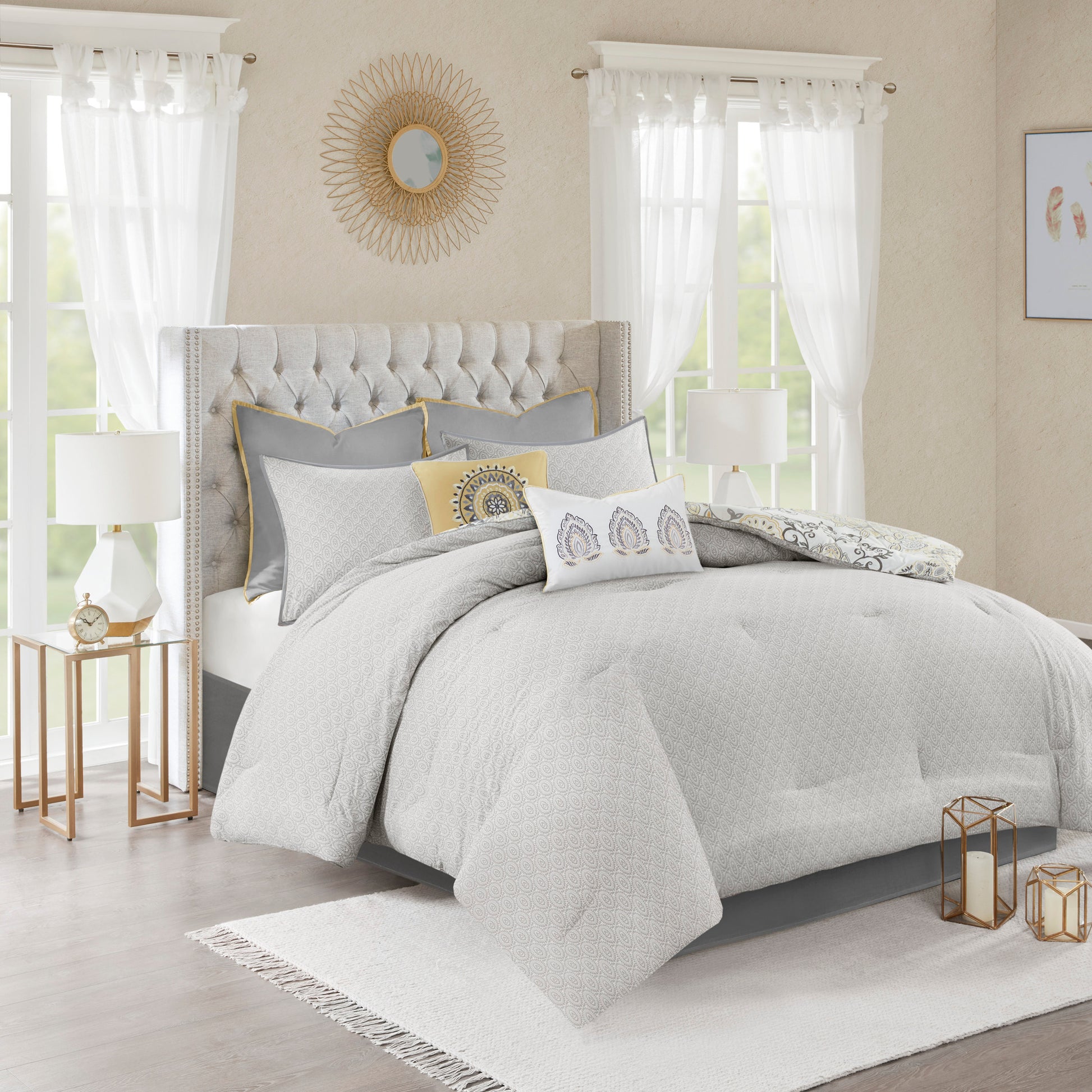 8 Piece Cotton Floral Printed Reversible Comforter Set Yellow Cal King California King Yellow Cotton