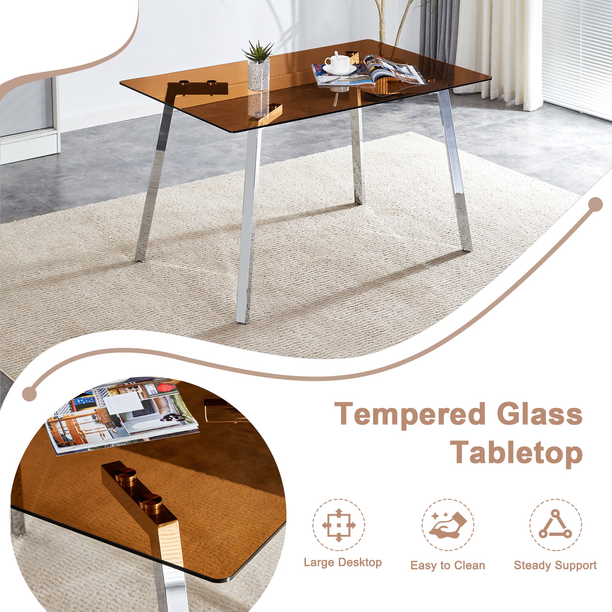 Table And Chair Set.Large Modern Rectangular Table With Brown Glass Top And Silver Metal Legs. Paired With 4 Light Gray Chairs With Checkered Armless High Back Pu Cushion And Silver Metal Legs. Light Gray,Silver Seats 4 Glass Metal