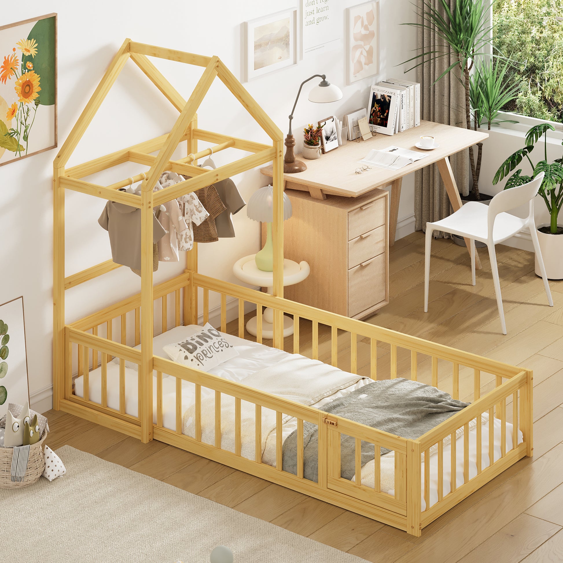 Wooden Floor Bed With Fence Railings And Detachable House Shape Headboard, Twin Size Bed With Kids Dress Up Rack, Kids Montessori Style Playhouse Frame For Girls Boys, Natural Twin Natural Wood