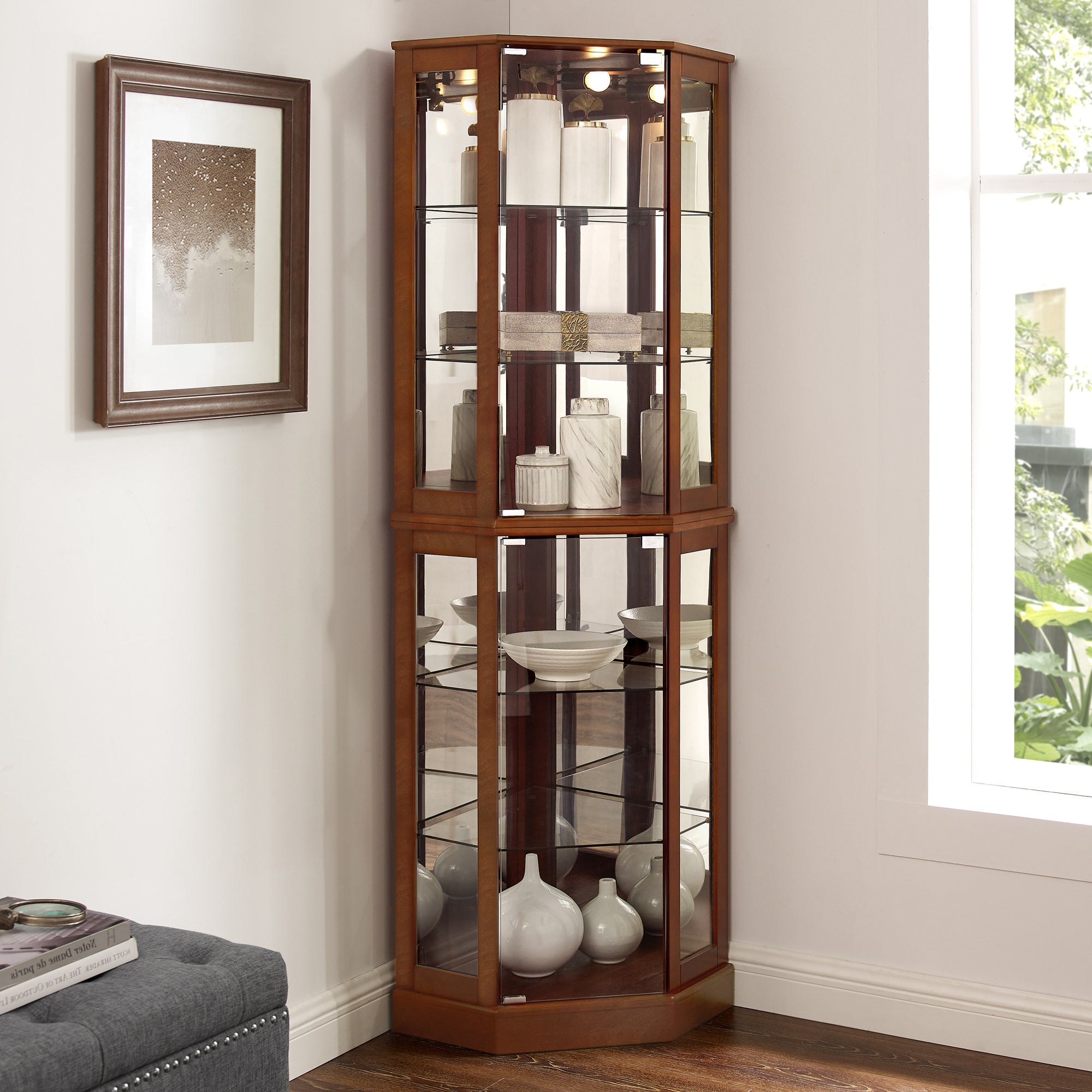 6 Shelf Corner Curio Display Cabinet With Lights, Mirrors And Adjustable Shelves, Walnut E26 Light Bulb Not Included Walnut Mdf