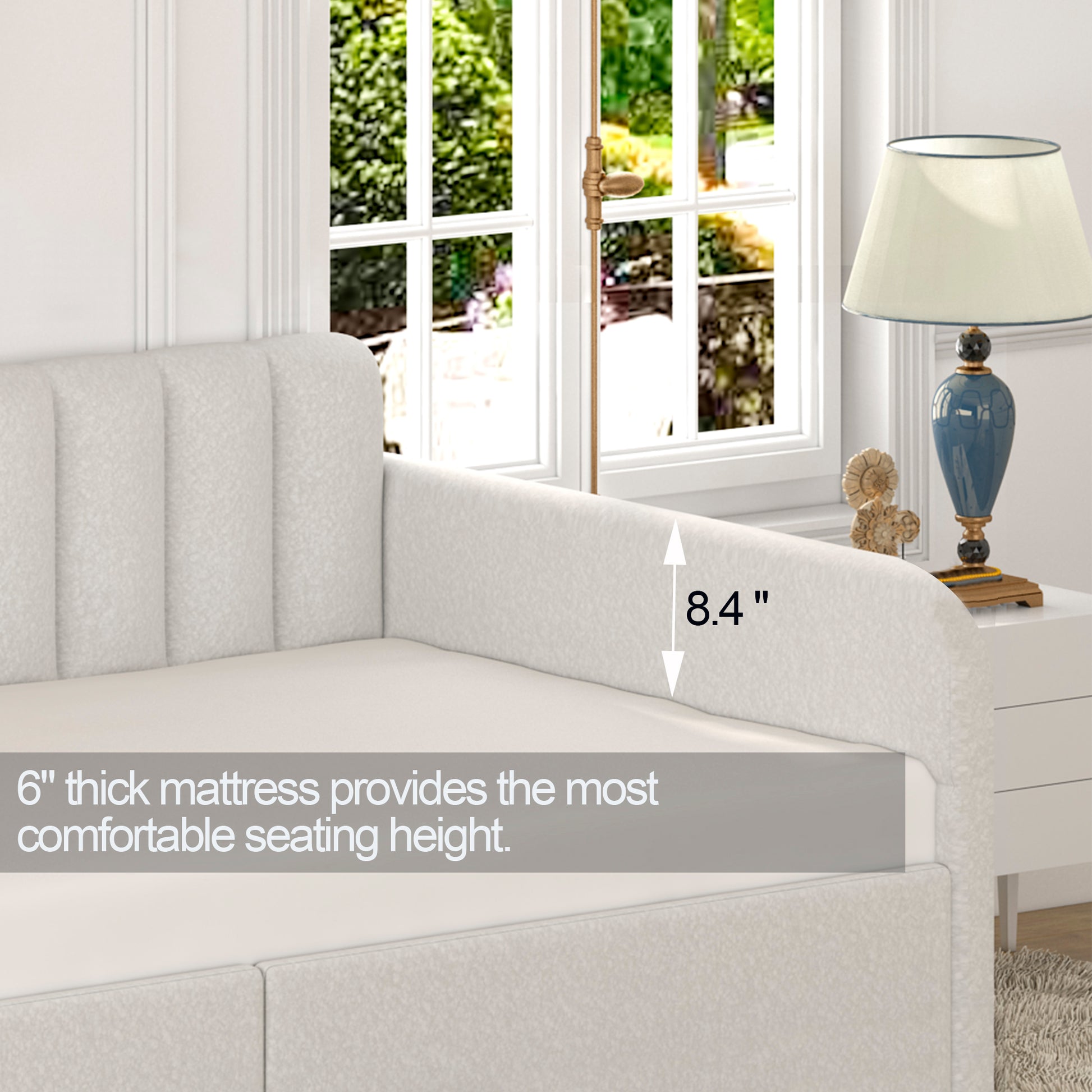 Flora Upholstered Daybed With 2 Drawers, Twin, Ivory Boucle, Ribbed Tufted Backrest, Daybed In Lavish Modern Design Box Spring Not Required Twin Ivory Metal Bedroom Classic,Contemporary,Minimalist,Traditional,Transitional Upholstered Upholstered
