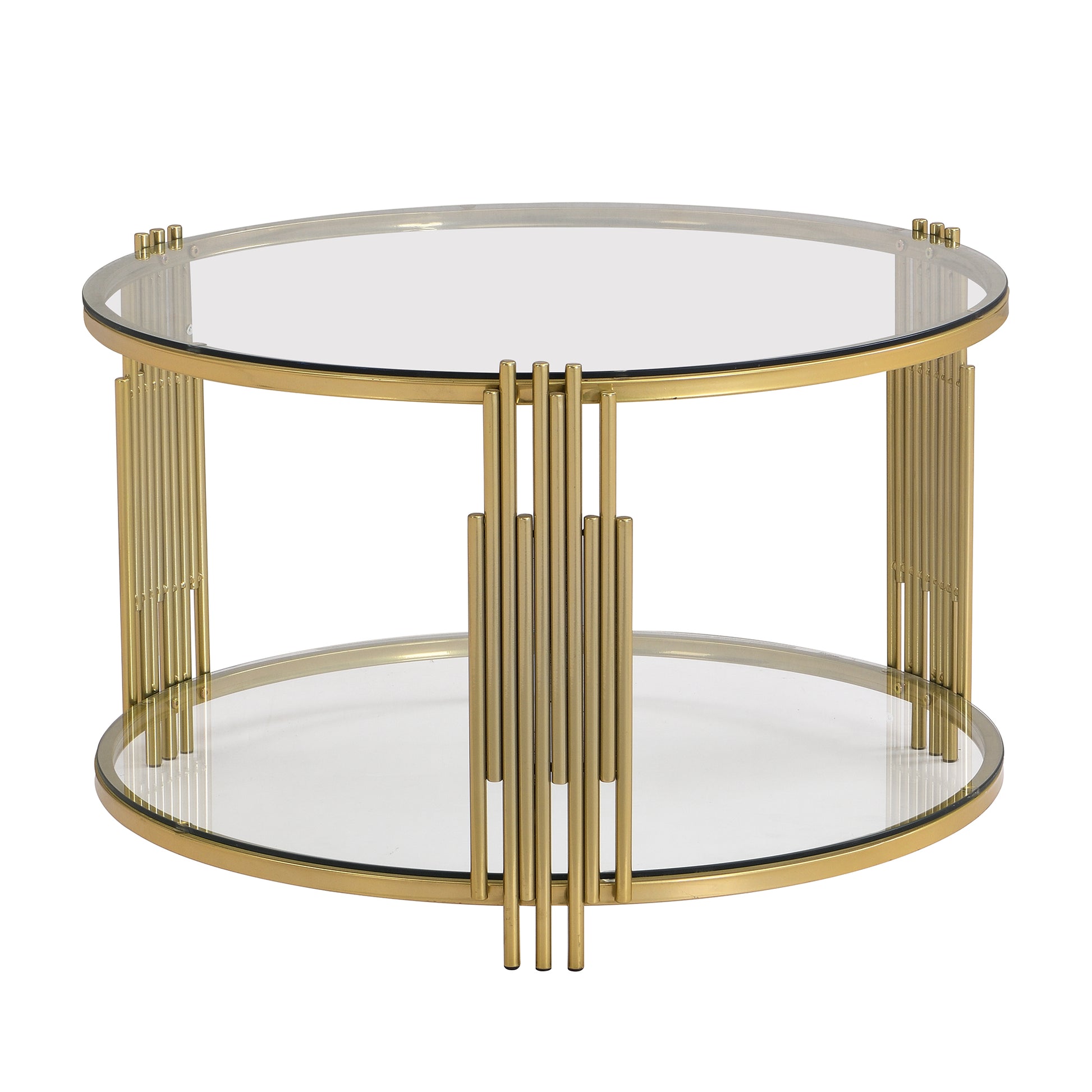 Modern Glass Coffee Table In 31.5", Asymmetrical Metal, Circular Metal Drum Base, Gold Finish & Lower Shelf Transparent Tempered Glass