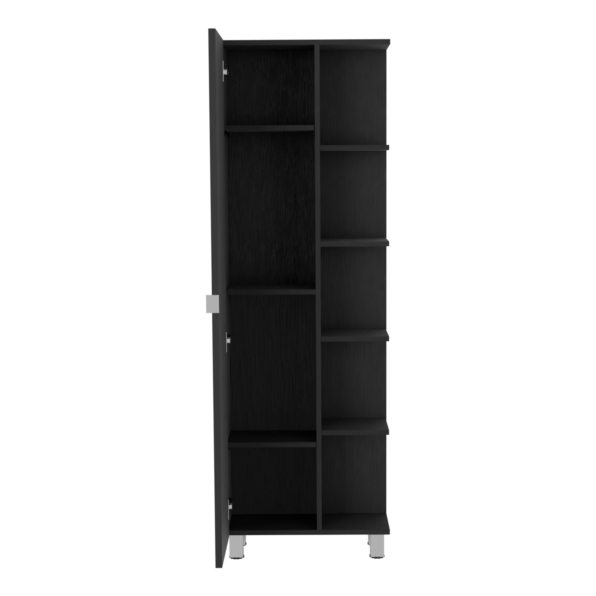 62H" Linen Single Door Cabinet, Five External Shelves, Four Interior Shelves, Black Black Particle Board Particle Board