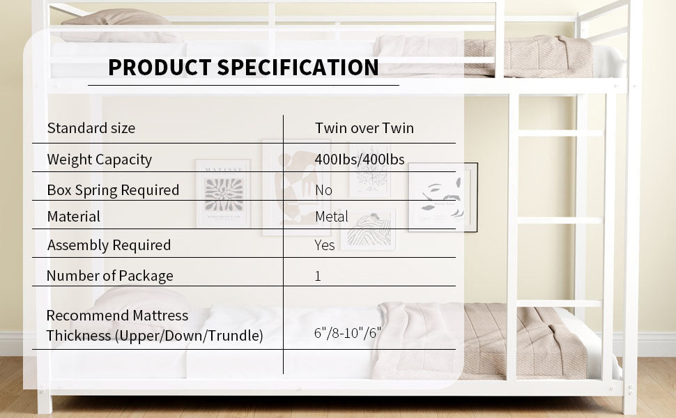 Metal Twin Over Twin Bunk Bed Heavy Duty Sturdy Metal Noise Reduced Safety Guardrail No Box Spring Needed,White Twin White Metal Metal