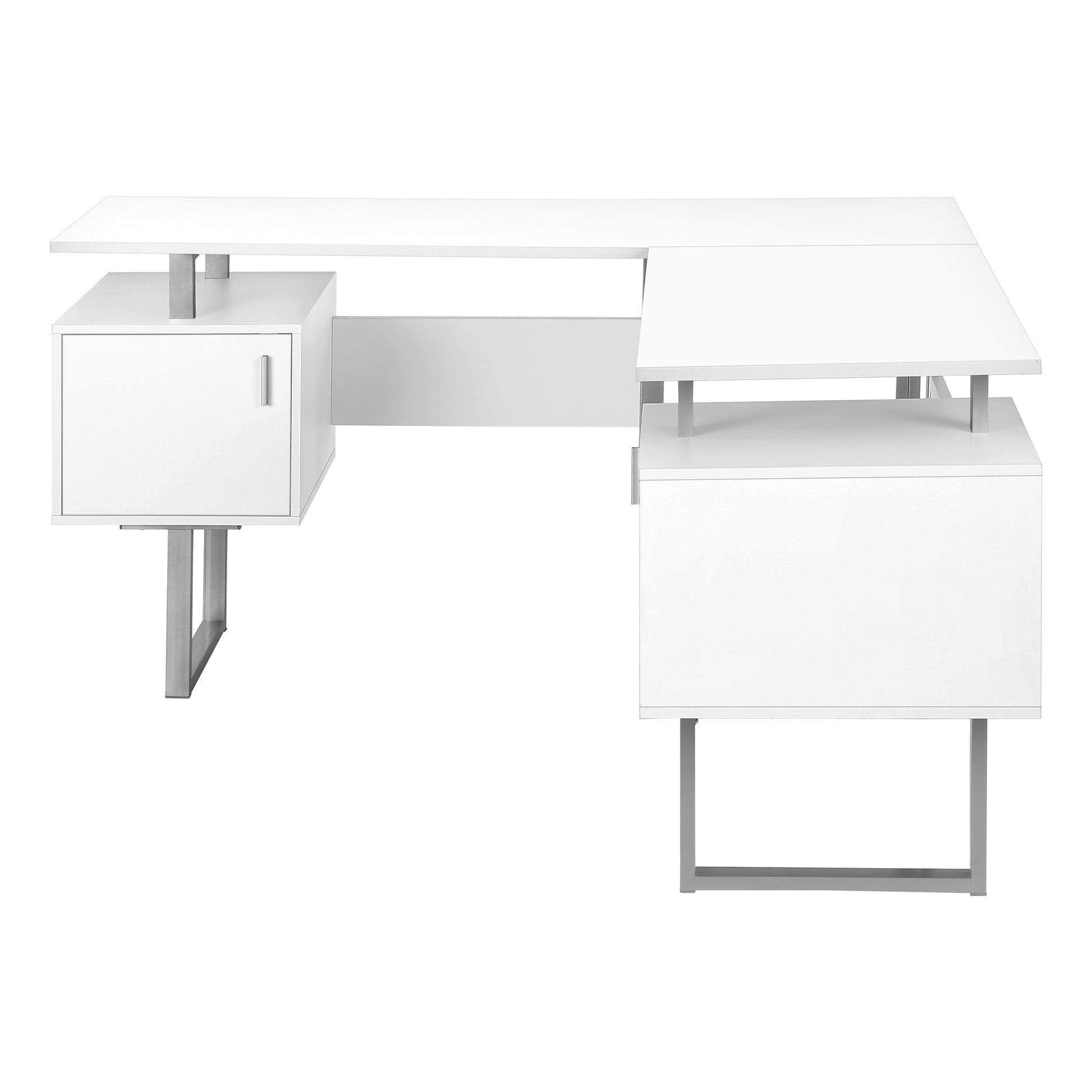 Computer Desk, Home Office, Corner, Storage, 58"L, L Shape, Work, Laptop, White Laminate, Grey Metal, Contemporary, Modern White Particle Board