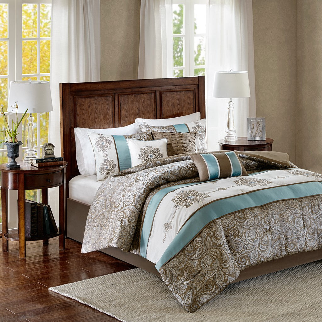 Jacquard 7 Piece Comforter Set Blue Queen Queen Blue Polyester