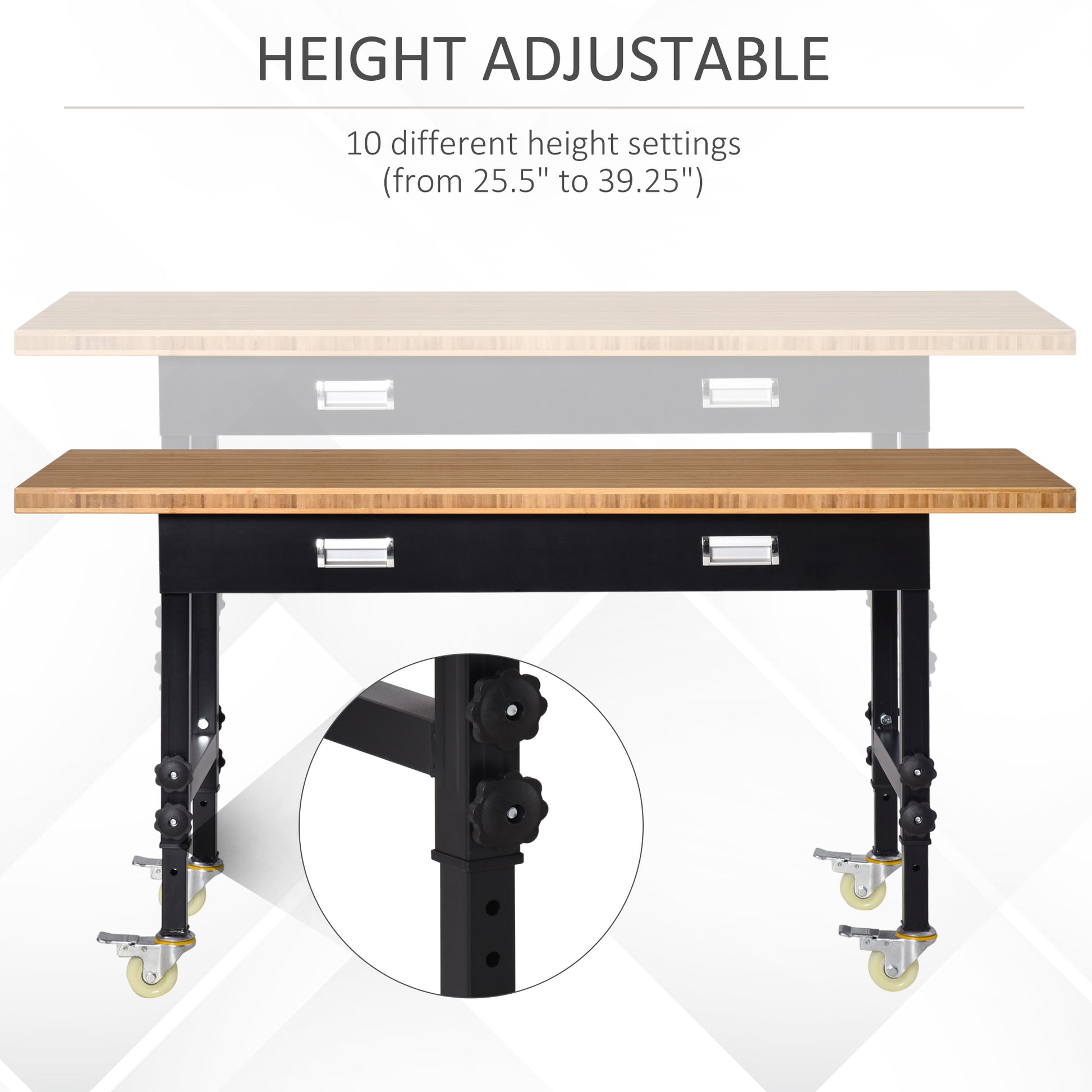 Homcom 59" Work Bench With Drawer, Height Adjustable Legs, Bamboo Tabletop Workstation Tool Table On Wheels For Garage, Weight Capacity 1320 Lbs, Black Natural Natural Wood Bamboo