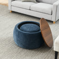 Round Storage Ottoman, 2 In 1 Function, Work As End Table And Ottoman,With Small Seat,Dark Blue 25