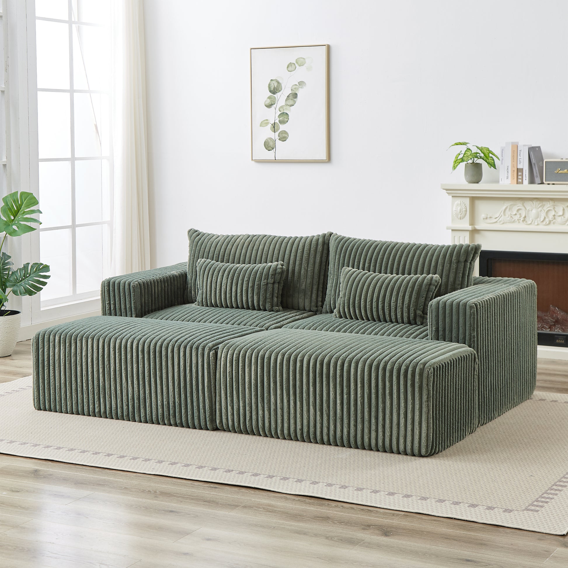 87" Oversized Sectional Lounge Chaise,No Assembly Required,Cloud Plush Loveseat With Two Removable Footstool,Fluffy Modern Sleeper Chair For Indoor Living Room Bedroom Army Green Corduroy 2 Seat