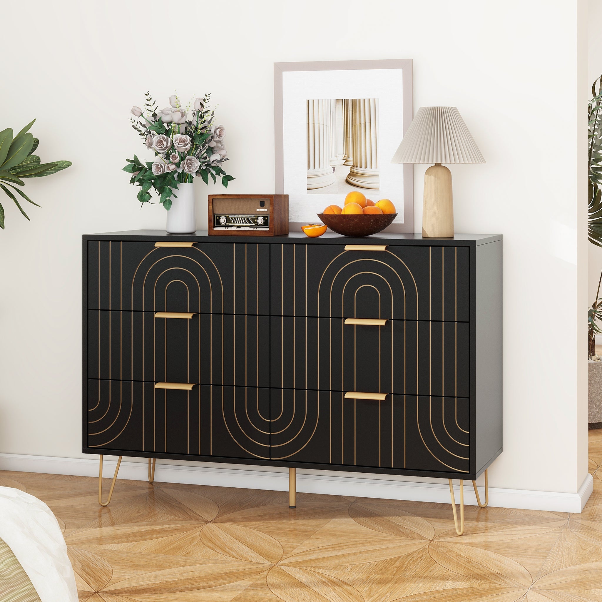 Modern 6 Drawer Dresser, Modern Dresser With Metal Handles, Storage Chest Of Drawer, Wide Dresser Drawer Organizers With Carving Design For Bedroom, Living Room, Hallway 5 Or More Drawers Black Modern Particle Board Mdf