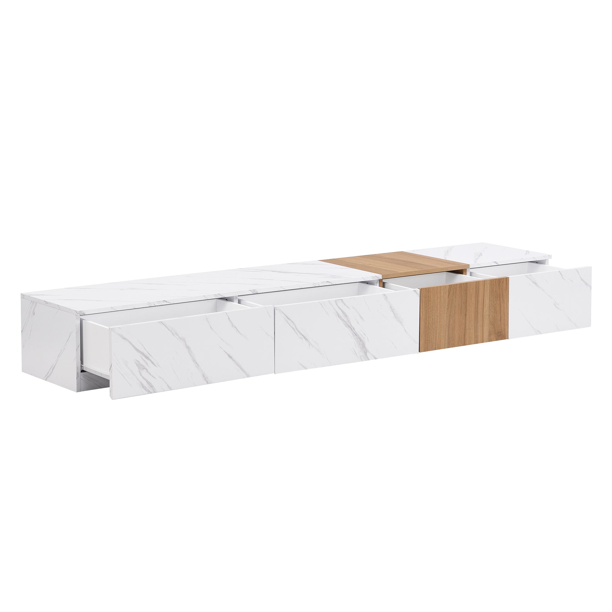 Tv Stand With Faux Marble And Walnut Wood Grain Finish For Tvs Up To 88'', Modern Free Combination Entertainment Center With 4 Storage Drawers For Living Room, White White 80 89 Inches Particle Board