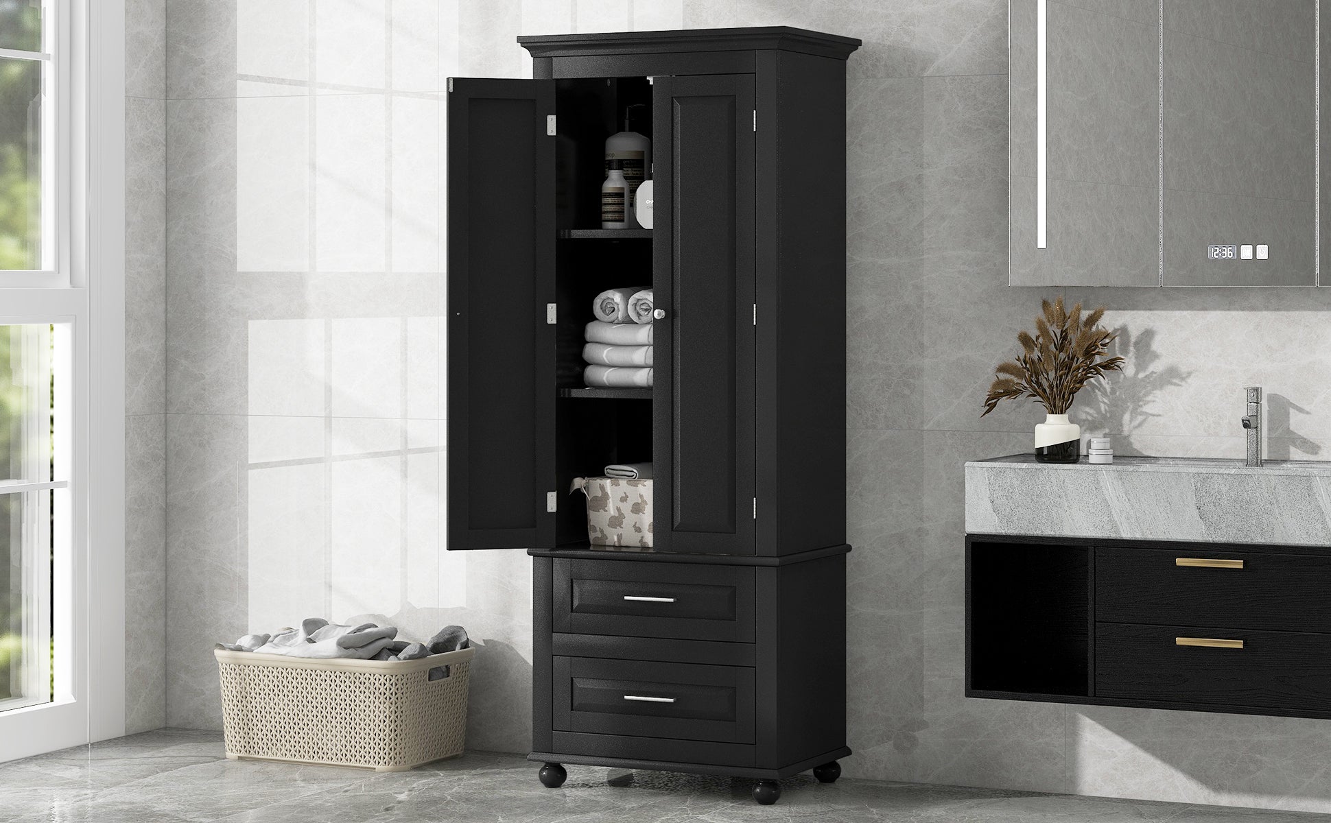 Tall Storage Cabinet With Two Drawers For Bathroom Office, Black Black Mdf