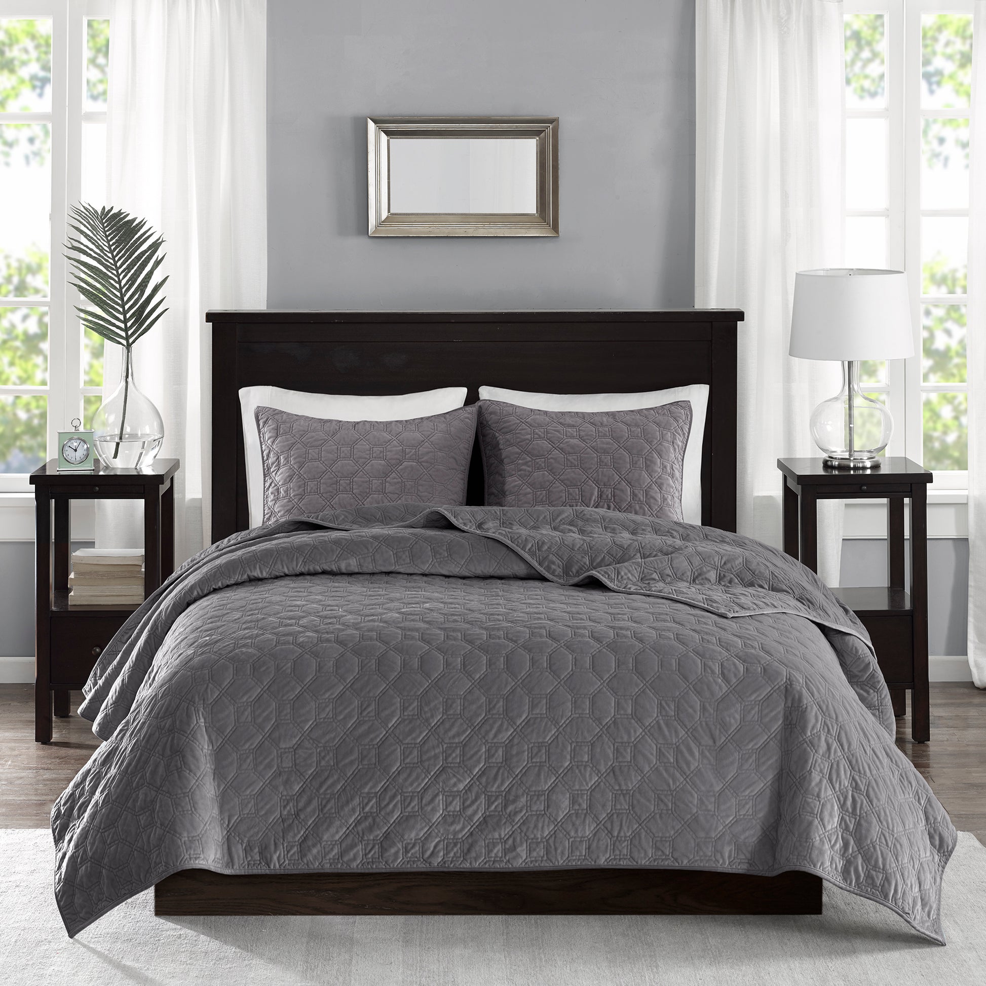 3 Piece Velvet Quilt Set Grey Full Queen Full Grey Cotton