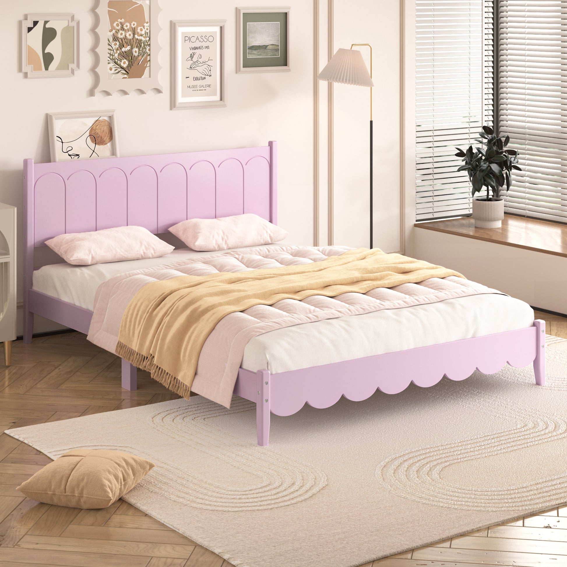 Queen Size Wood Platform Bed Frame, Retro Style Bed With Rectangular Headboard,No Need Box Spring,Pink Queen Pink Wood