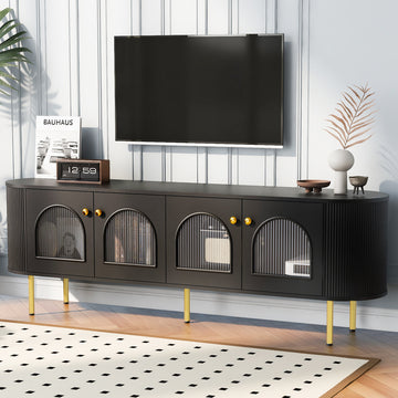 Modern Tv Stand For Tvs Up To 80 Inches, Entertainment Center With 4 Cabinets, Wood Media Console With Metal Legs And Handles For Living Room, Black Black 70 79 Inches Mdf