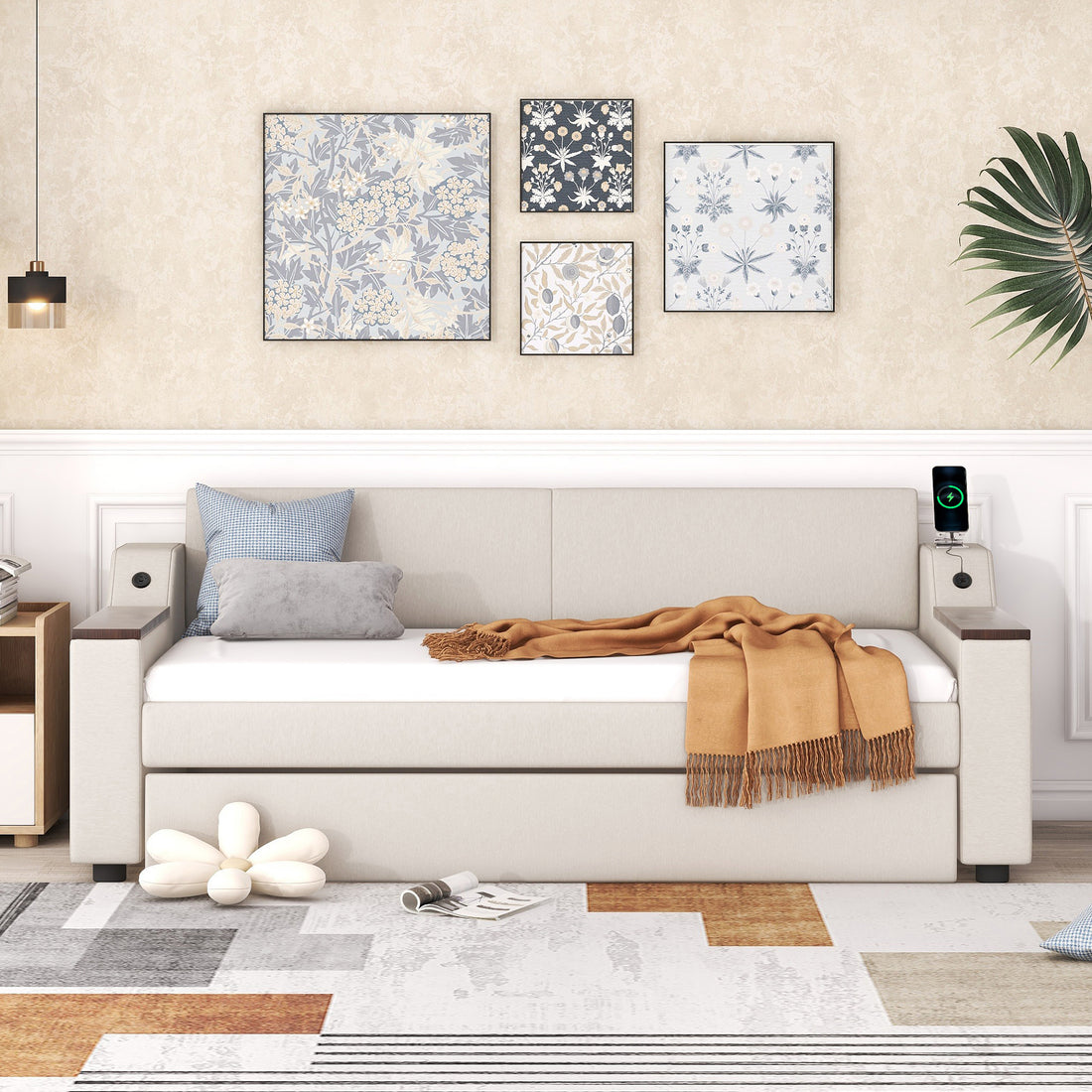Twin Size Upholstery Daybed With Storage Arms, Trundle And Usb Design, Beige Old Sku:Gx000547Aaa Box Spring Not Required Twin Beige Wood Upholstered