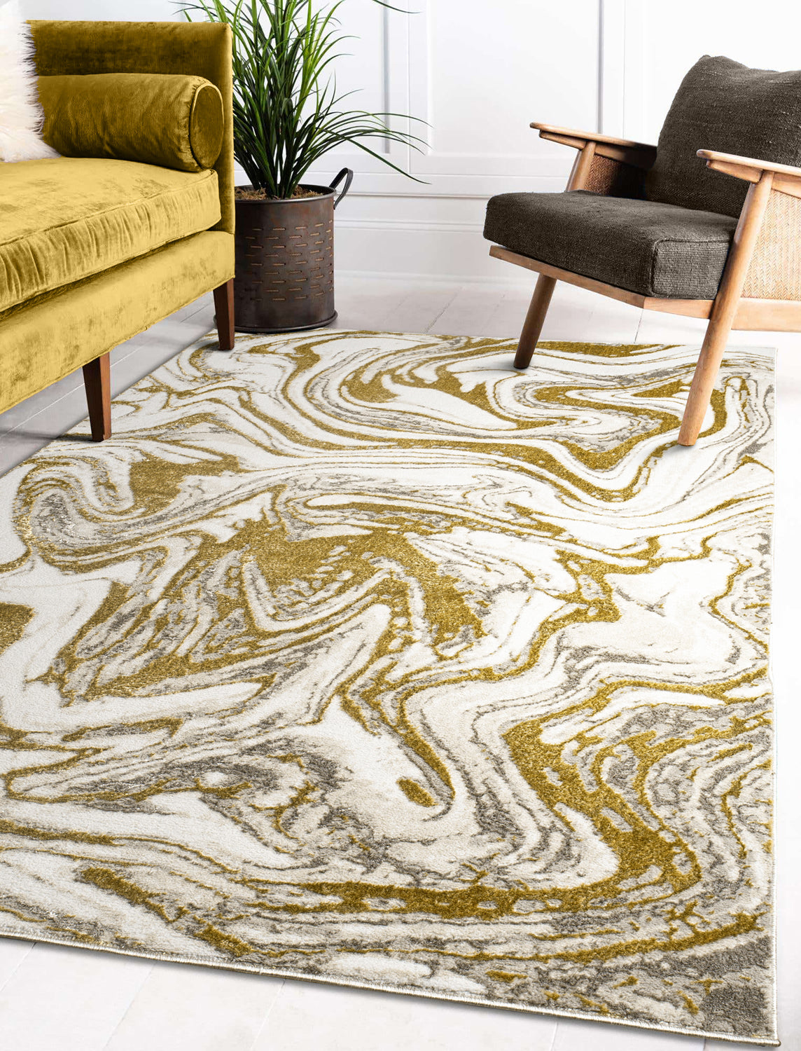 "Paz" Luxury Area Rug In Beige And Gold Abstract Design Multicolor Polyester