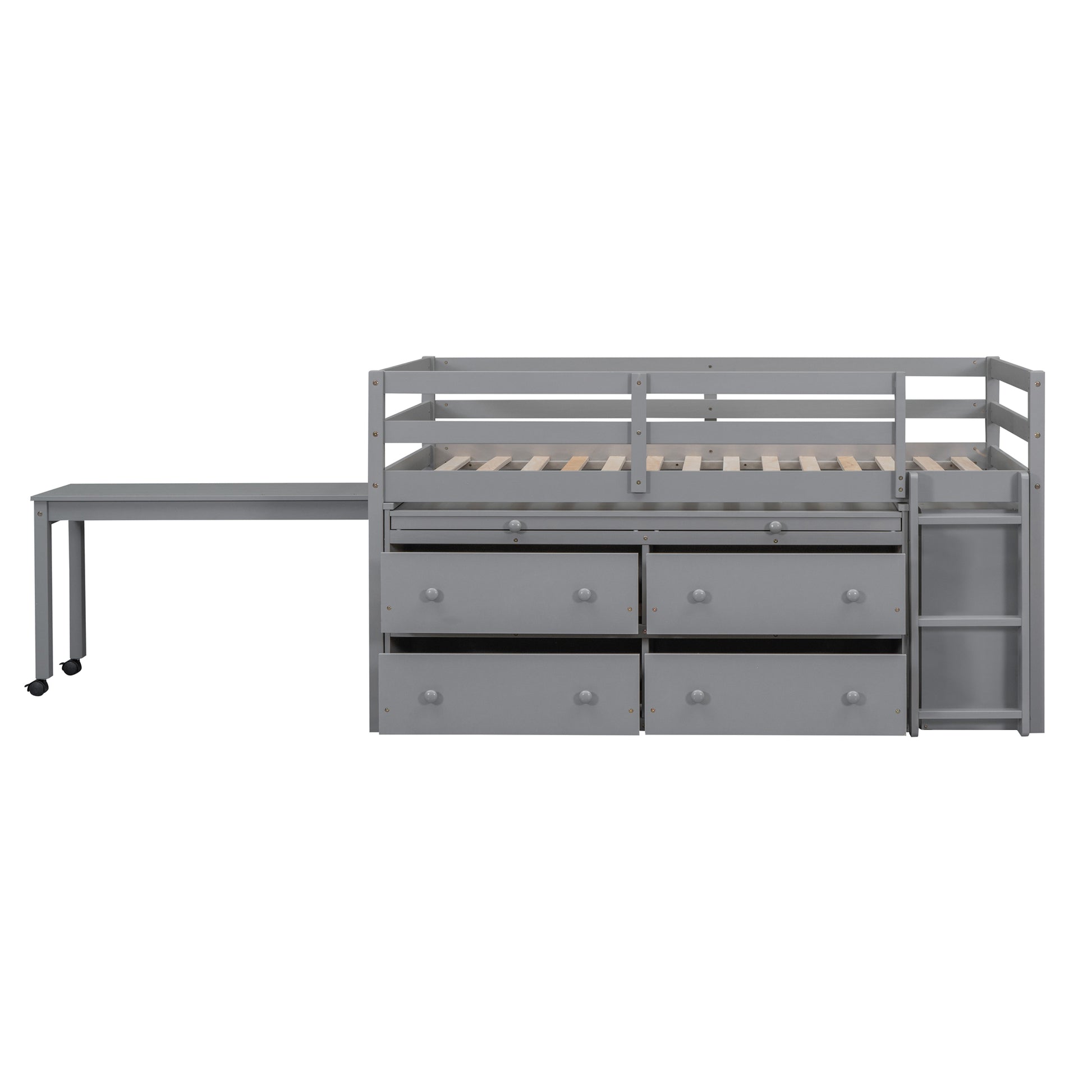 Twin Size Loft Bed With Retractable Writing Desk And 4 Drawers, Wooden Loft Bed With Lateral Portable Desk And Shelves, Gray Gray Solid Wood Mdf