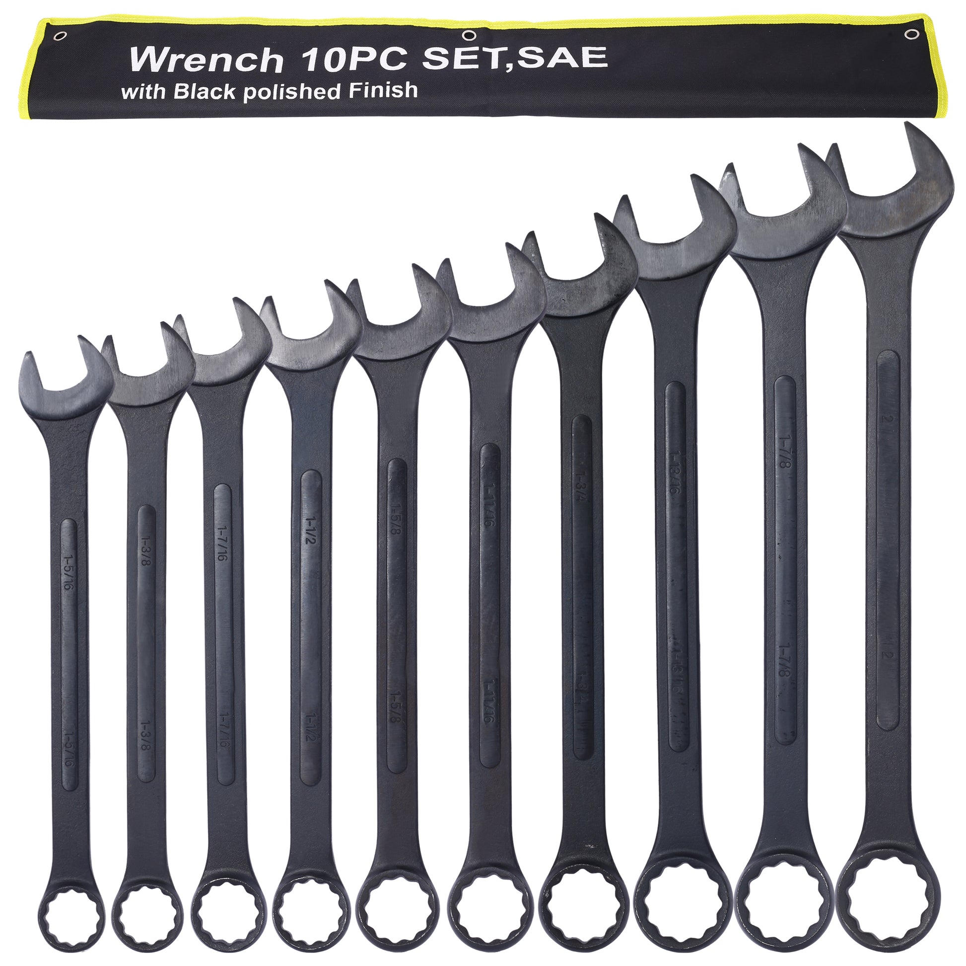 Sae Jumbo Combination Wrench Set Extra Large,10 Pc Sae Black Oxide Jumbo Combo Wrench Set 1 5 16" 2" With Pouch Black Carbon Steel
