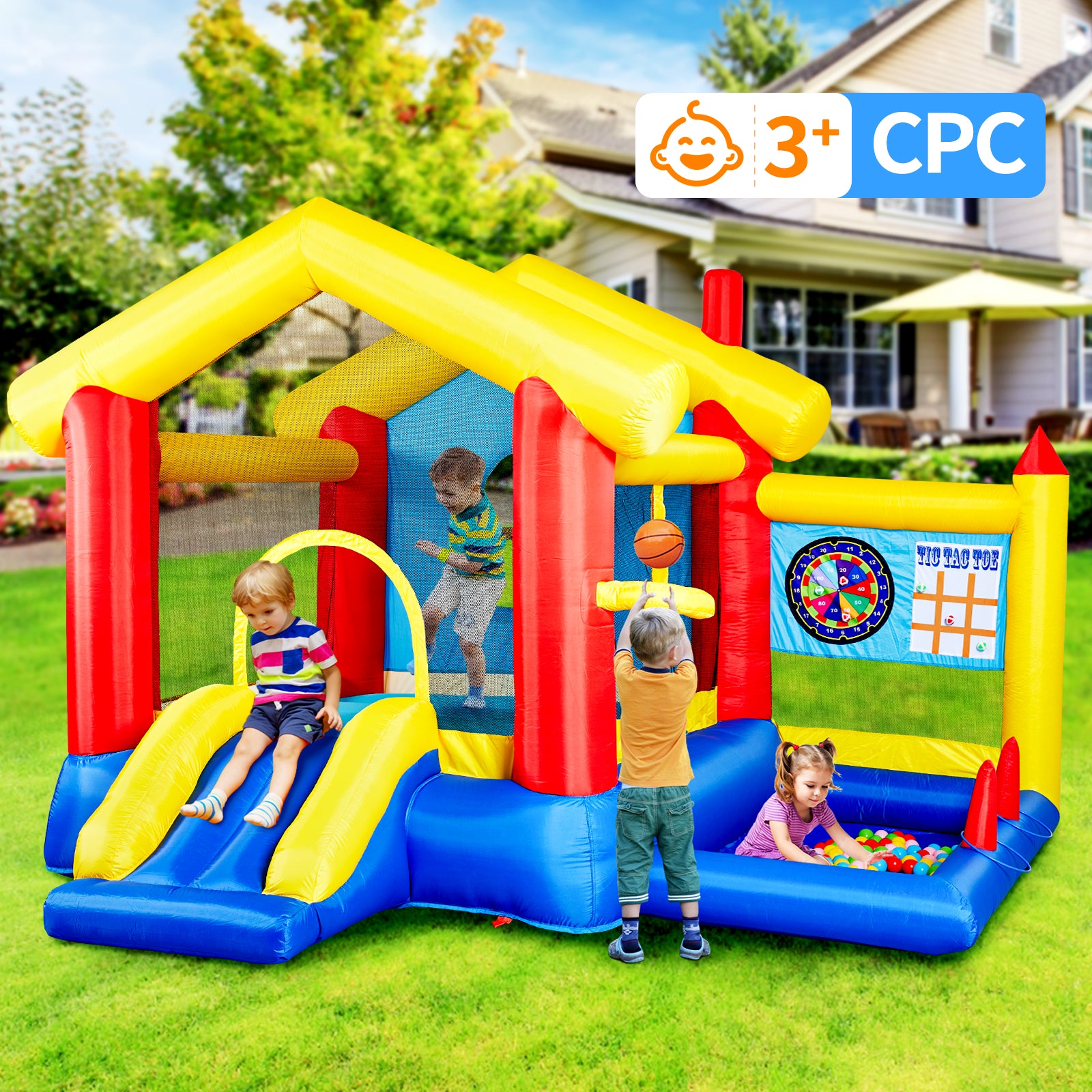 8 In 1 Inflatable Bounce House With Blower Basketball Hoop Ocean Balls Ring Toss Game Target And Sticky Ball Game For Kids Multicolor Oxford Fabric