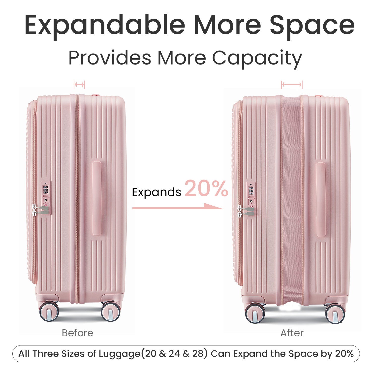 Luggage Sets 3 Piece 20 24 28 , Expandable Carry On Luggage With Tsa Lock Airline Approved, 100% Pc Hard Shell And Lightweight Suitcase With Front Pocket And Spinner Wheels Pink Pc