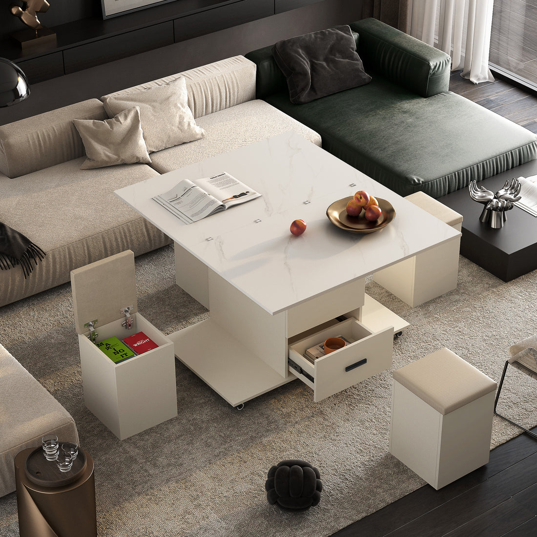 Modern Lift Up Coffee Table With 4 Stools Set For Living Room Expandable 1 Hidden Storage 2 Drawers Space Saving Folding Dining Table White Mdf