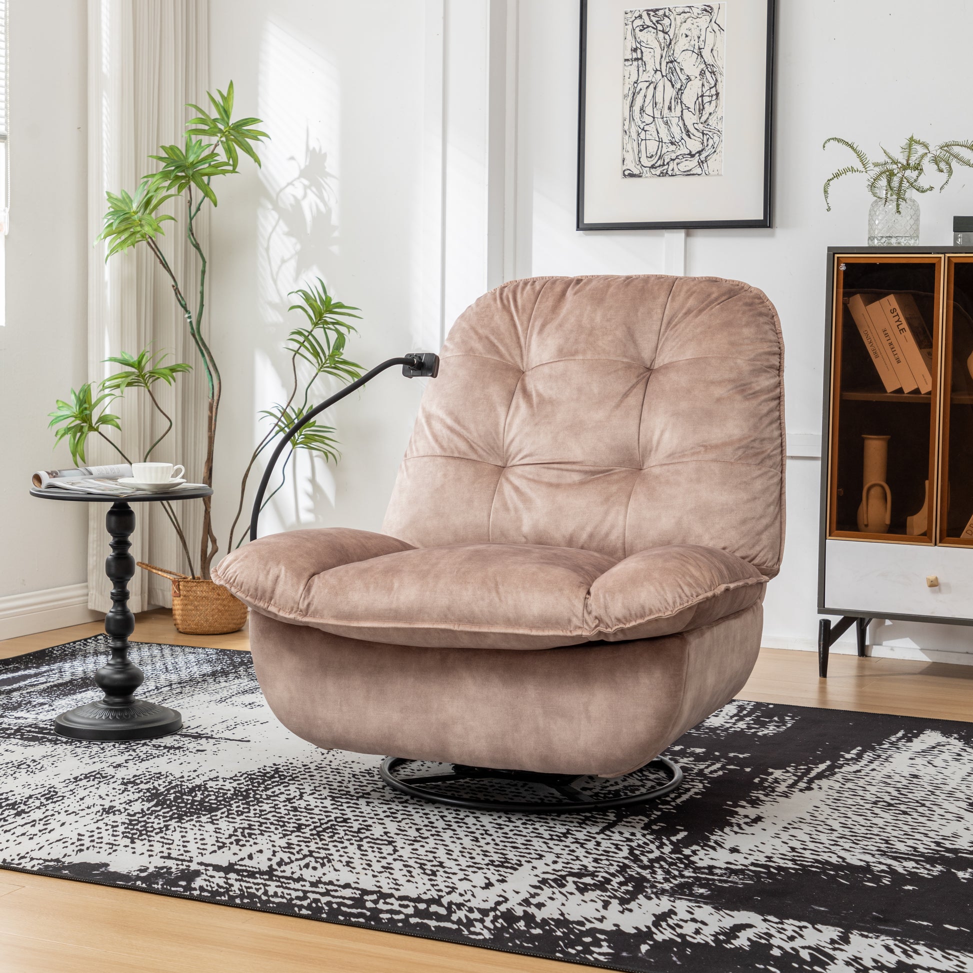 Natural Brown Recliner, Reclining Lazy Chair, Mobile Phone Holder, Large And Comfortable Reading Chair, Swivel Gliding Rocking Chair, Gold Stamped Velvet Metal Primary Living Space Heavy Duty Push Button Oak Natural & Light Brown Velvet Manual Push Back