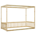 Twin Size Canopy Frame Floor Bed With Fence, Guardrails,Natural Twin Natural American Design Pine