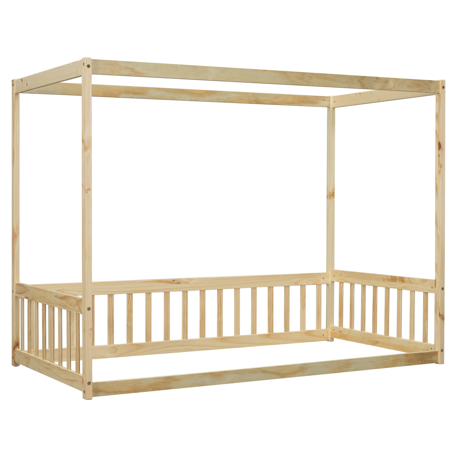 Twin Size Canopy Frame Floor Bed With Fence, Guardrails,Natural Twin Natural American Design Pine