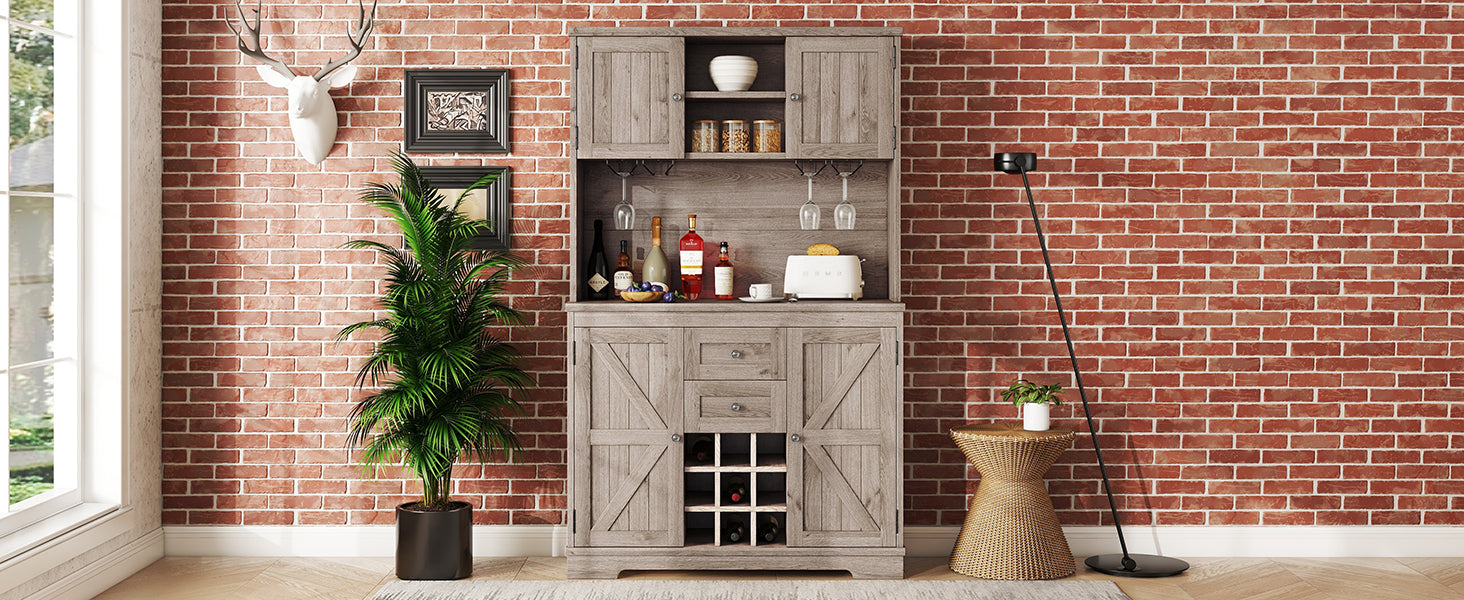 Coffee Bar Cabinet Kitchen Cabinet With Storage, Farmhouse Wine Cabinet With Drawers Shelves And Cabinets, Buffet Cabinet Wine & Glass Racks For Dining Room, Kitchen, Oak Brown Oak Particle Board Mdf