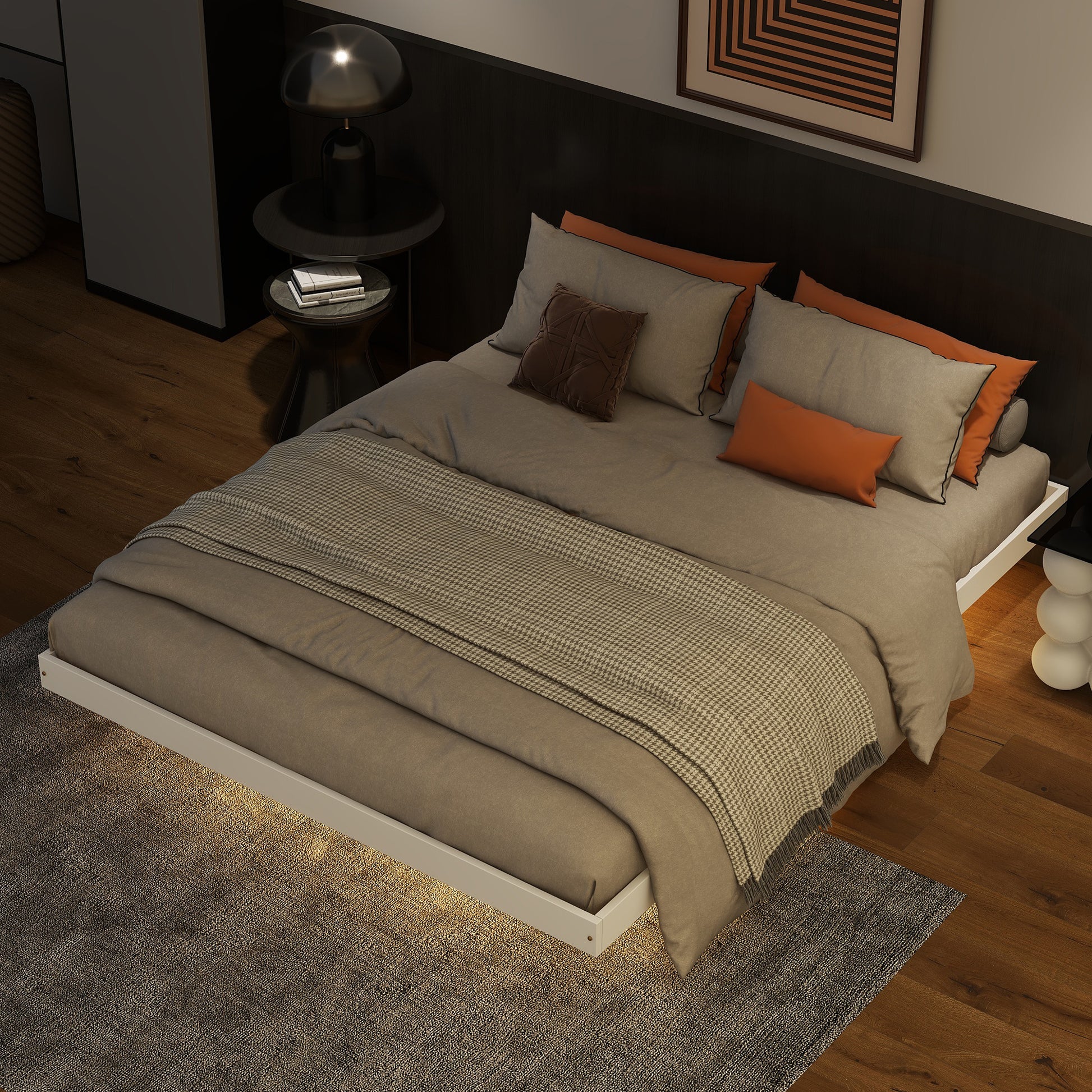 Queen Size Floating Bed With Led Lights Underneath,Modern Queen Size Low Profile Platform Bed With Led Lights,White Queen White Wood Bedroom American Design Pine Bed Frame Pine