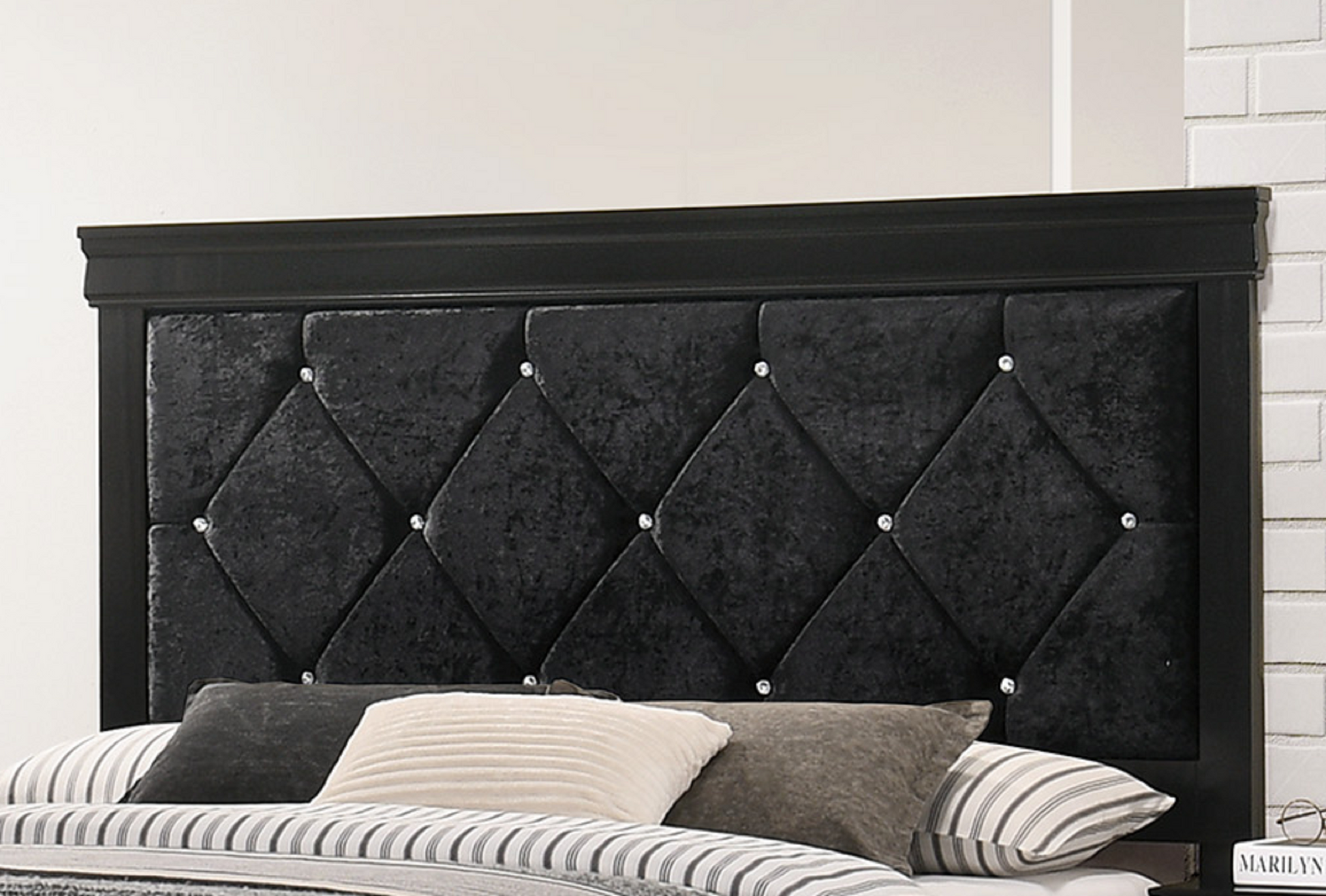 Modern 1Pc Black Finish King Size Panel Bed Wooden Fabric Upholstered Headboard Crystal Like Button Tufted Fabric Bedroom Furniture Box Spring Required King Black Wood Panel Solid Wood