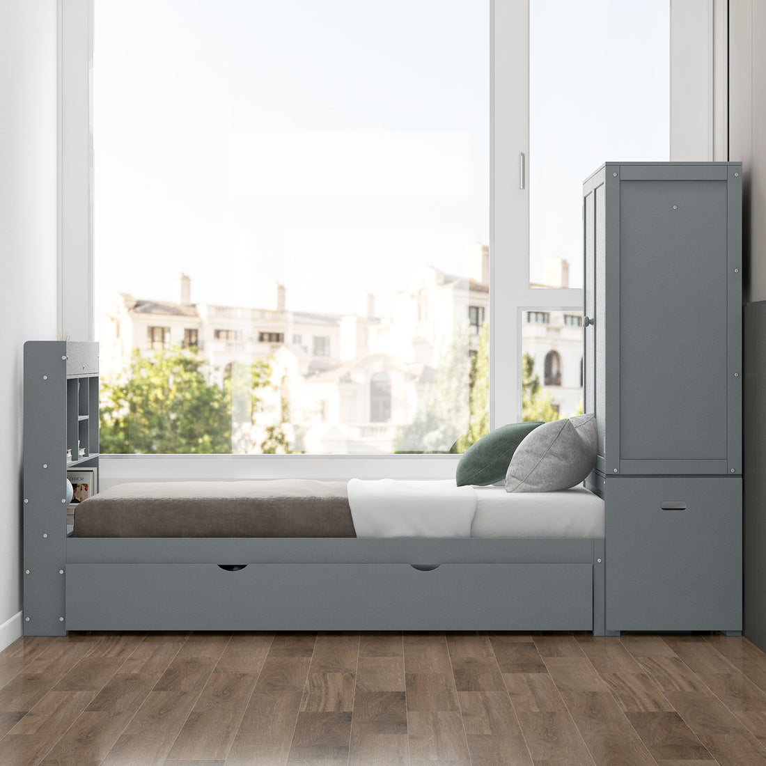 Twin Size Platform Bed With Storage Headboard And Footboard, Pull Out Shelves And Twin Size Trundle, Gray Box Spring Not Required Twin Gray Wood Bedroom Bed Frame Solid Wood Mdf