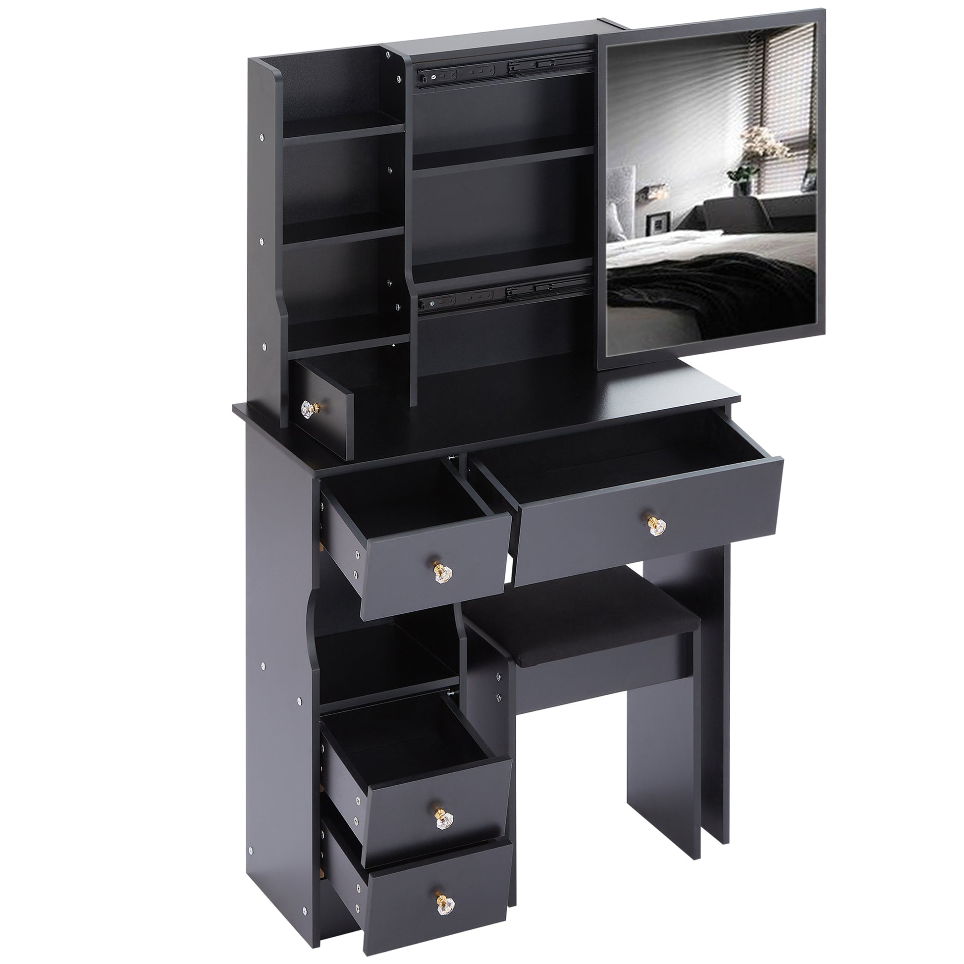 Small Size Left Drawer Desktop Vanity Table Cushioned Stool, Extra Large Sliding Mirror, Multi Layer, High Capacity Storage Fashionable Dresser, Suitable For Small Space, Epa,Gcc,Ul Certificate