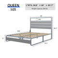 Queen Size Bed Frame With Headboard, Metal Platform Bed Frame With Charging Station, Heavy Duty Platform Bed Frame With Led, Easy Assembly, Silver Box Spring Not Required Queen Antique Silver Metal