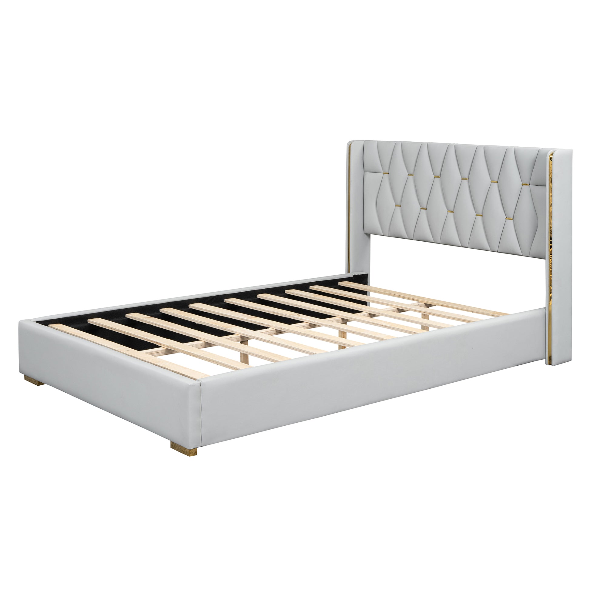 Full Size Upholstered Platform Bed With Metal Strips, Off White Full Off White Pu