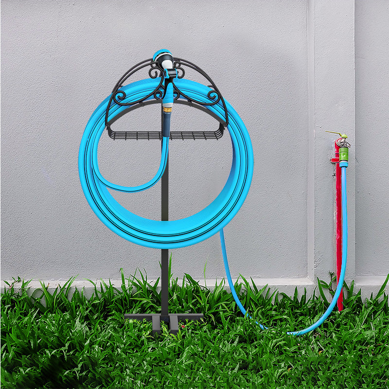 Garden Hose Holder Freestanding, Water Hose Holders With Storage Basket Detachable Garden Hose Stand Heavy Duty For Outside Lawn Yard Black Metal