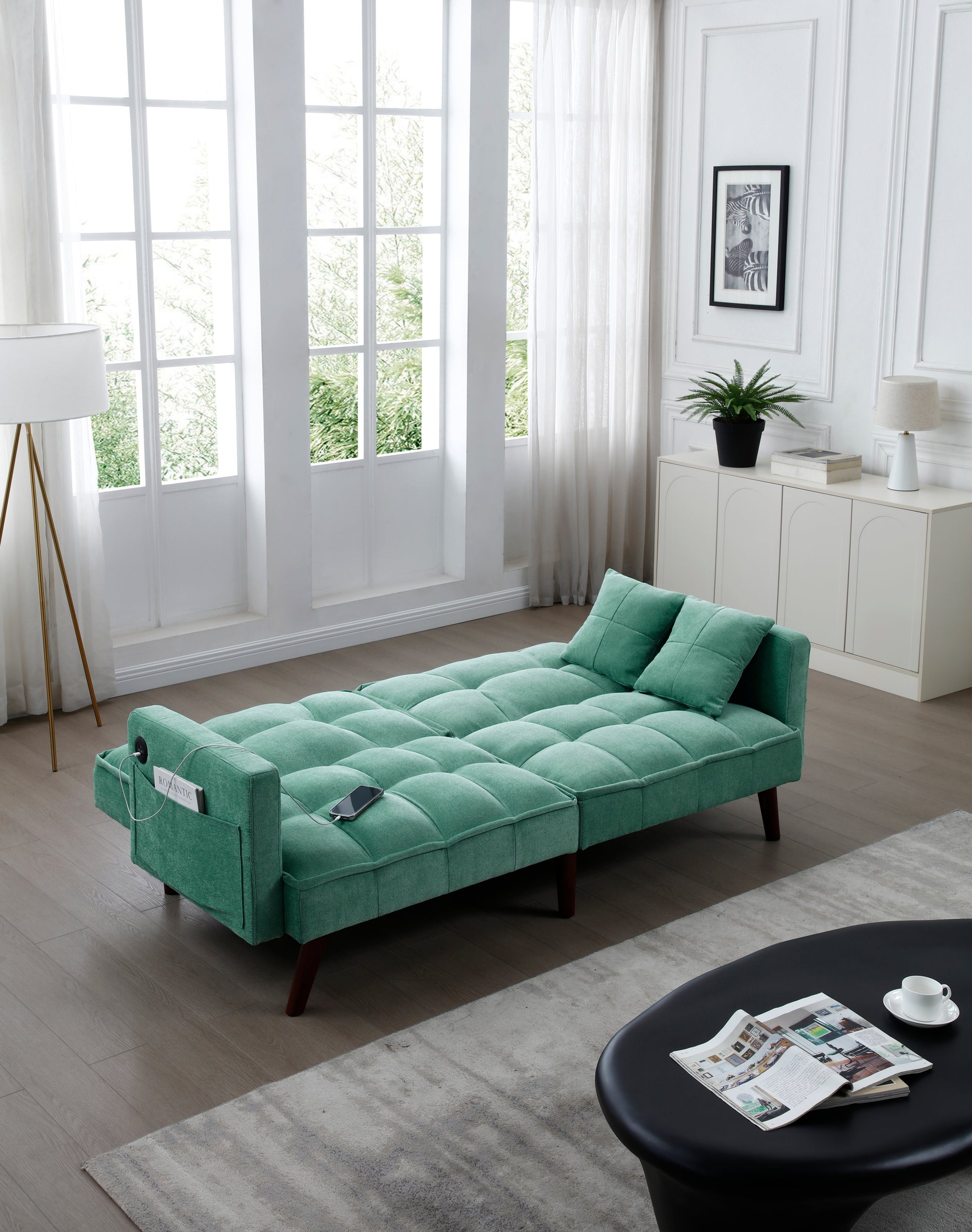 Sofa Bed Sleeper, Large Size, Usb Charging Port, Chenille Fabric Folding Futon Recliner For Living Room Furniture Apartment Bedroom Office Small Spaces, Green Green Brown Wood Primary Living Space Medium Soft Tufted Back Modern Foam Solid Wood 2 Seat