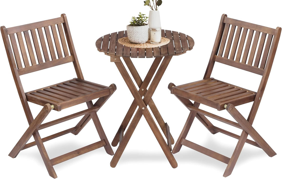 3 Piece Acacia Wood Bistro Set, Wooden Folding Patio Furniture For Garden Backyard Balcony Porch W 1 Coffee Table And 2 Foldable Chairs, Natural Stained Light Brown Acacia Wood