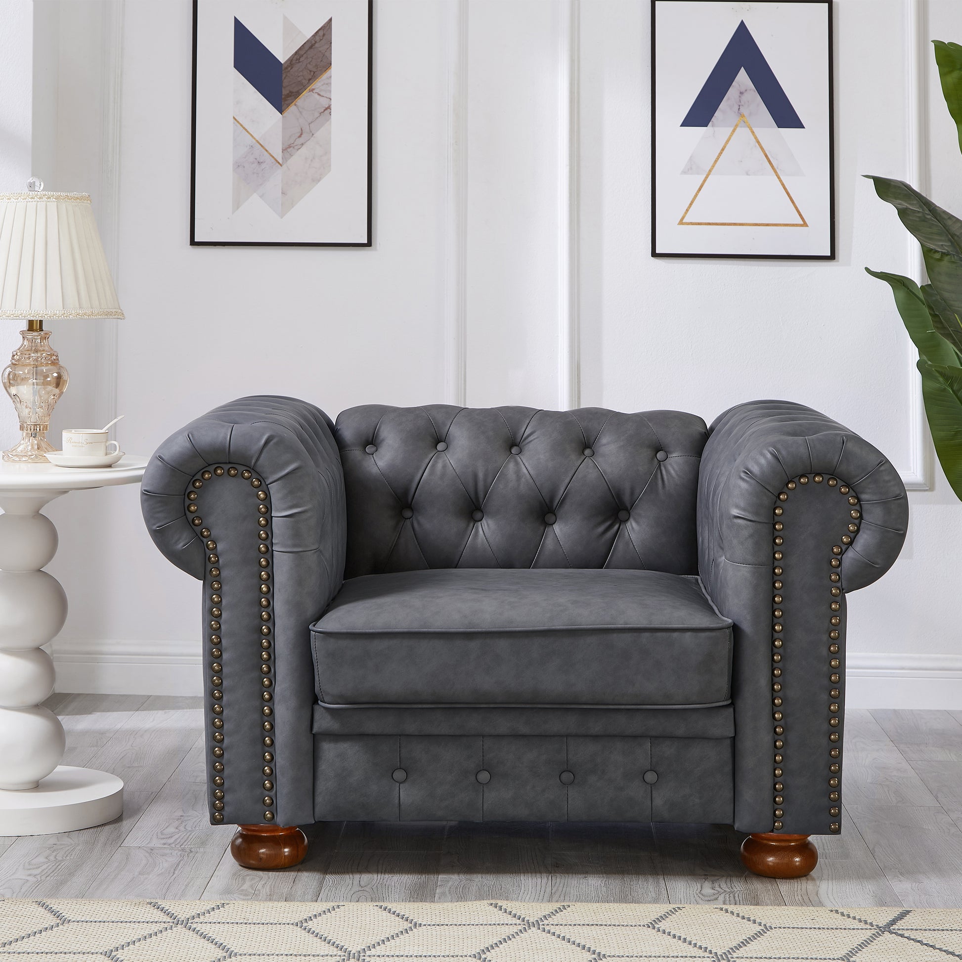 Classic Chesterfield Sofa Chair For Living Room Grey Faux Leather Grey Foam Technical Leather 1 Seat