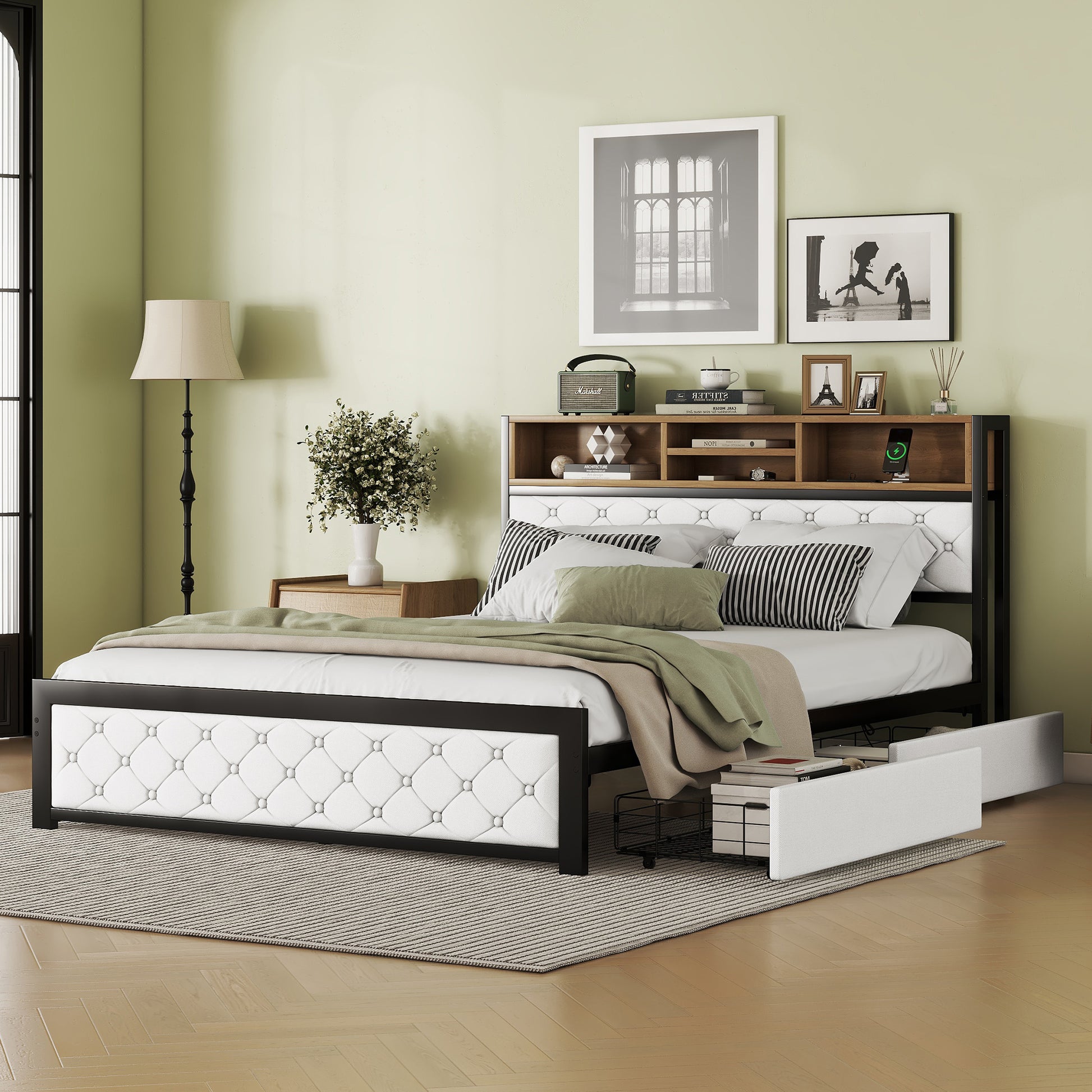 Metal Queen Size Platform Bed With 4 Drawers, Upholstered Headboard And Footboard, Sockets And Usb Ports, White Queen White Black Fabric Metal