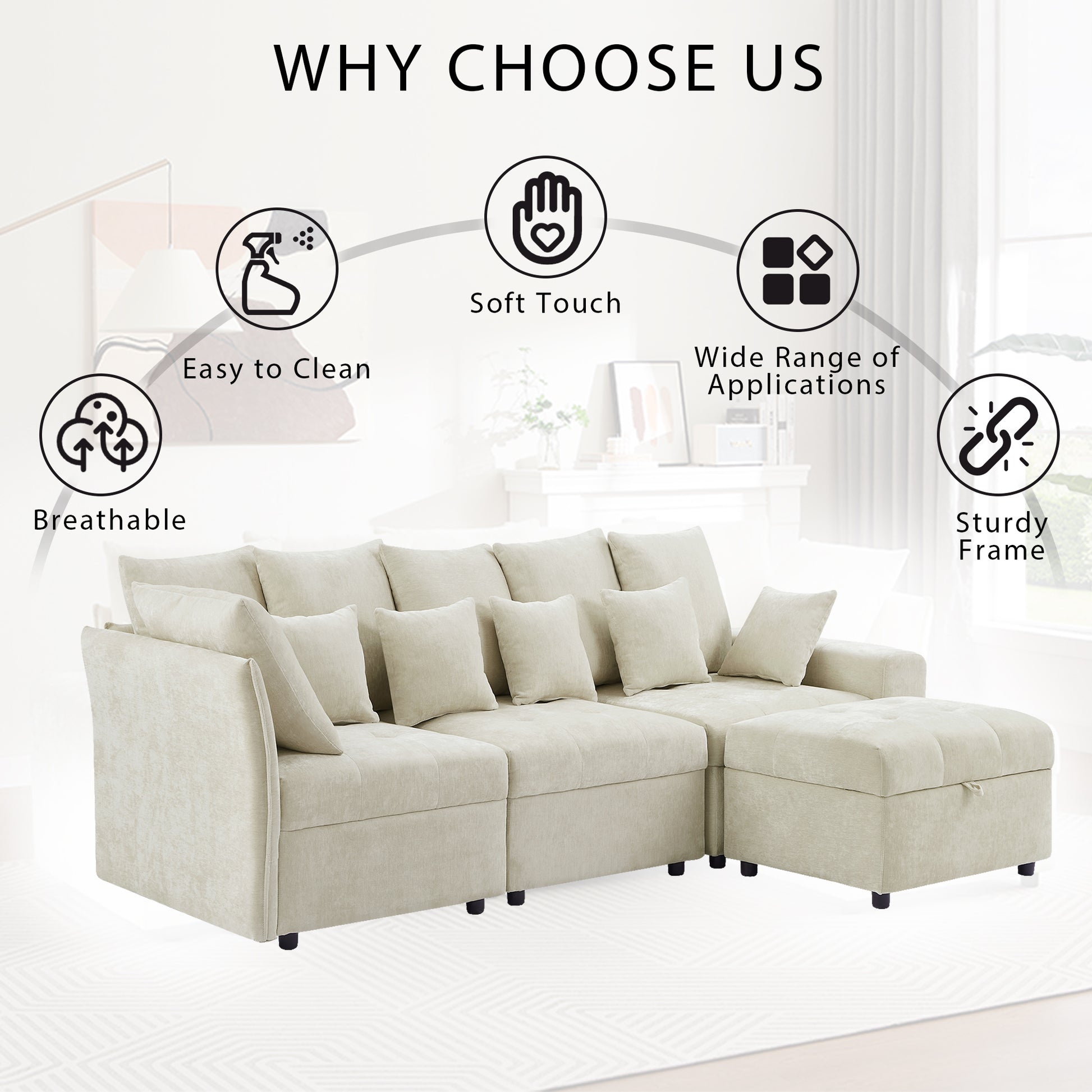 96.45"Sectional Sofa Modular Sofa Couch With Three Usb Ports, A Removable Storage Ottoman And Five Back Pillows For Living Room, Beige Beige Foam Chenille 4 Seat