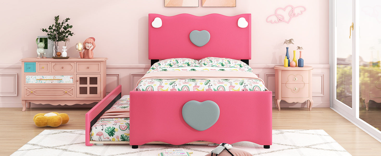 Twin Size Upholstered Platform Bed With Trundle And Heart Shaped Decoration, Dark Pink Box Spring Not Required Twin Dark Pink Wood Bedroom Bed Frame Faux Leather Upholstered