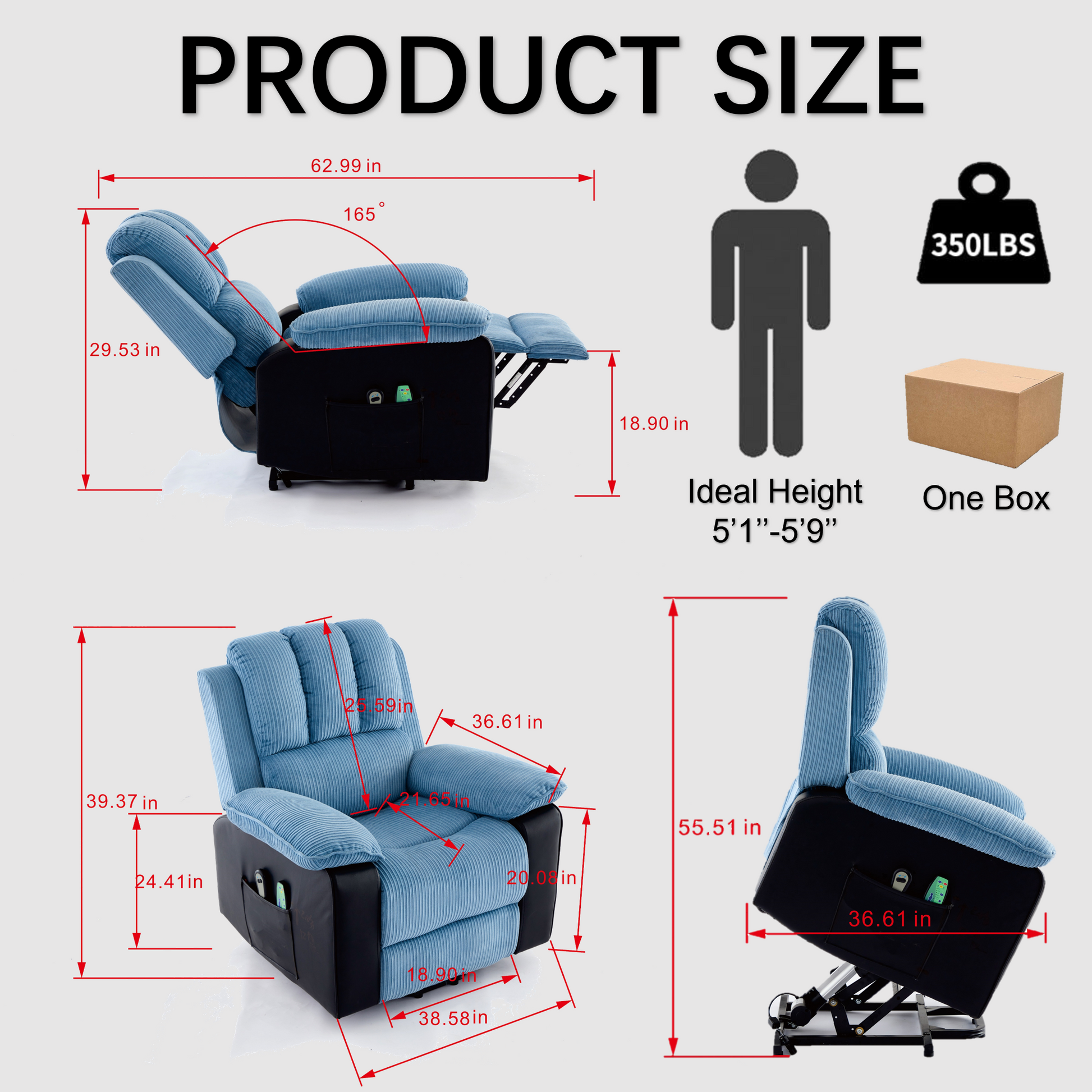 Recliner Chair With Heat And Vibrating Massage, Comfy Padded Overstuffed Soft Fabric Heated Recliner Blue And Black Black Blue Power Push Button Metal Primary Living Space Soft Cushion Back Heavy Duty Casual,Contemporary Push Button Pillow Top Arms Foam