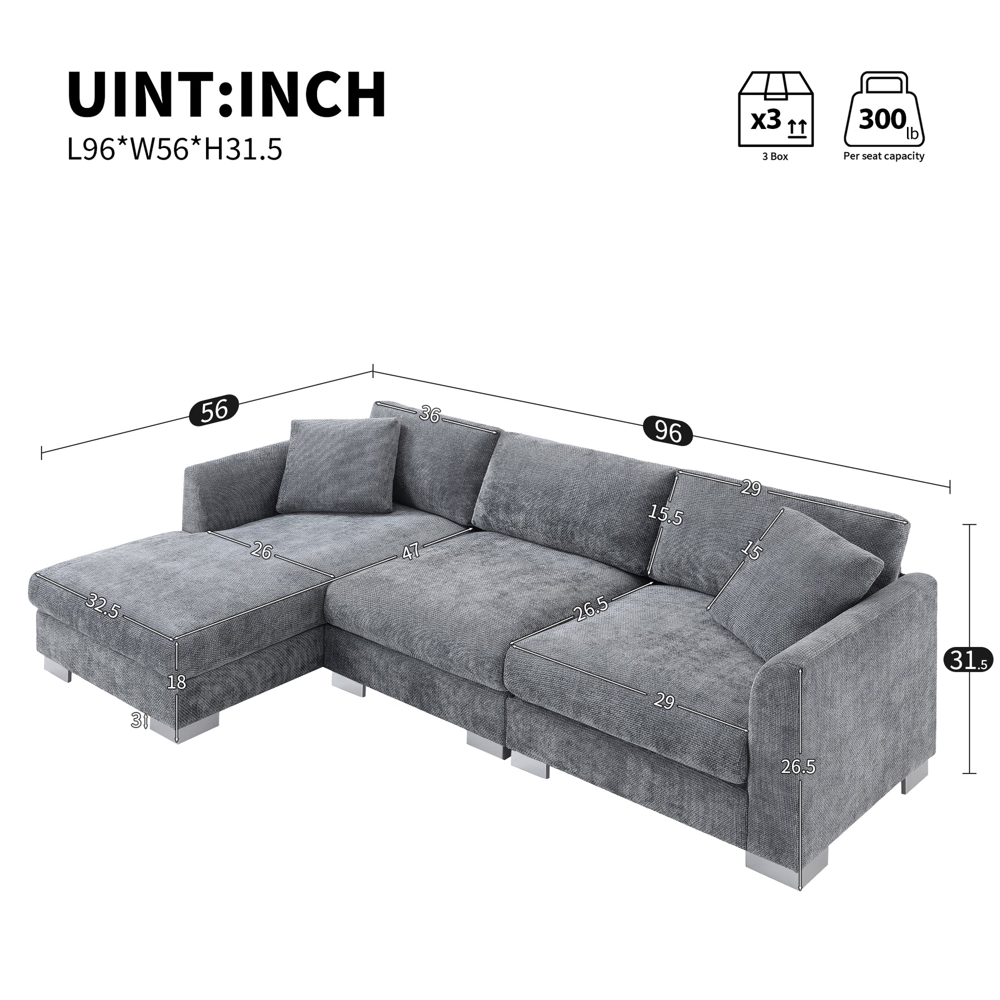 96*56" Modern Cloud Sectional Sofa,L Shaped Luxury Couch Set With 2 Free Pillows,4 Seat Chenille Indoor Furniture With Oversized Chaise For Living Room,Apartment,Office,3 Colors Gray Chenille 4 Seat