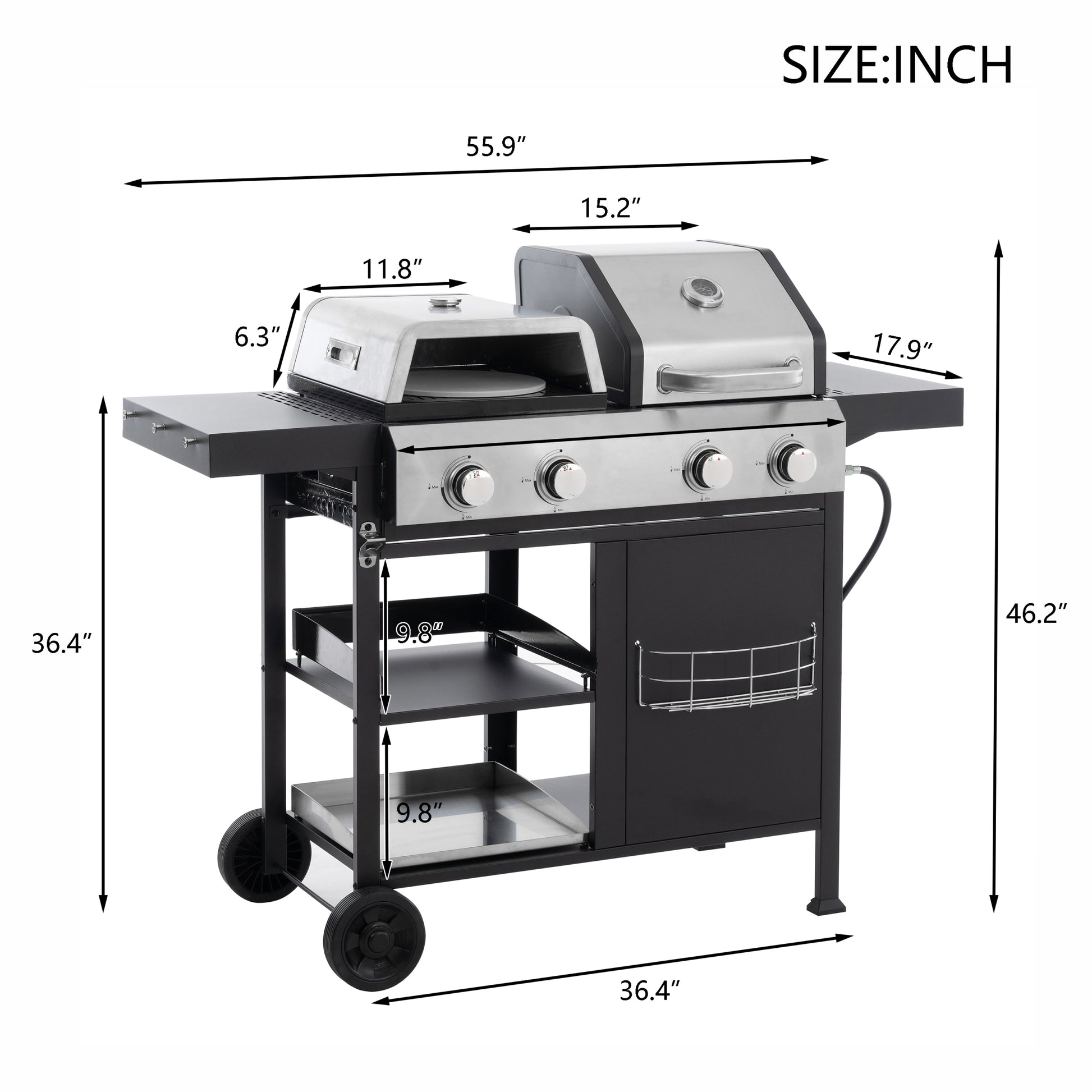 2 2 Multi Function Burner Gas Grill And Griddle Combo With Cover For Outdoor Cooking While Camping Or Tailgating Bbq,Frying,Pizza. Black And Silver Stainless Steel
